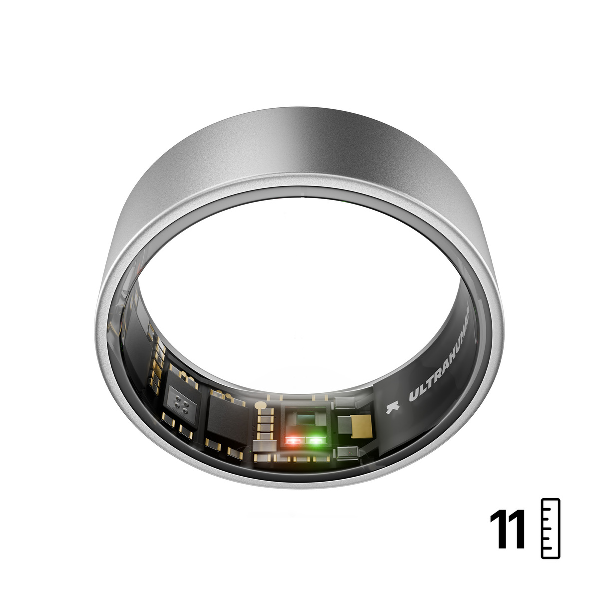 Ein silberner Smart-Ring zeigt interne Komponenten, darunter Chips und Lichter. Auf dem Ring steht 'ULTRAHUMAN'. Die Zahl 11 ist rechts.
