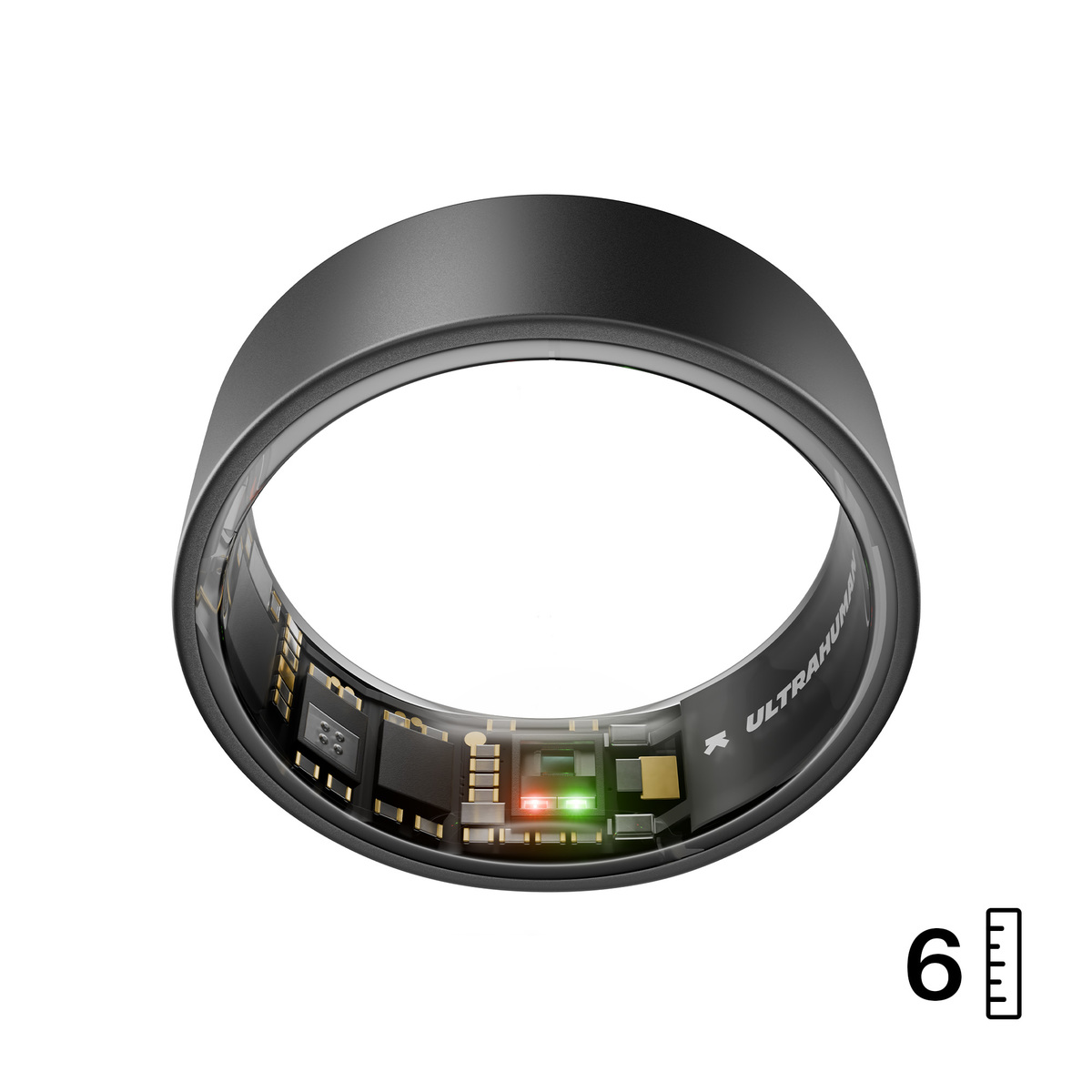 Ein schwarzer intelligenter Ring mit interner Elektronik wird angezeigt. Der Ring hat eine kreisförmige Form und die Größe ist 6. Der Hintergrund ist weiß.