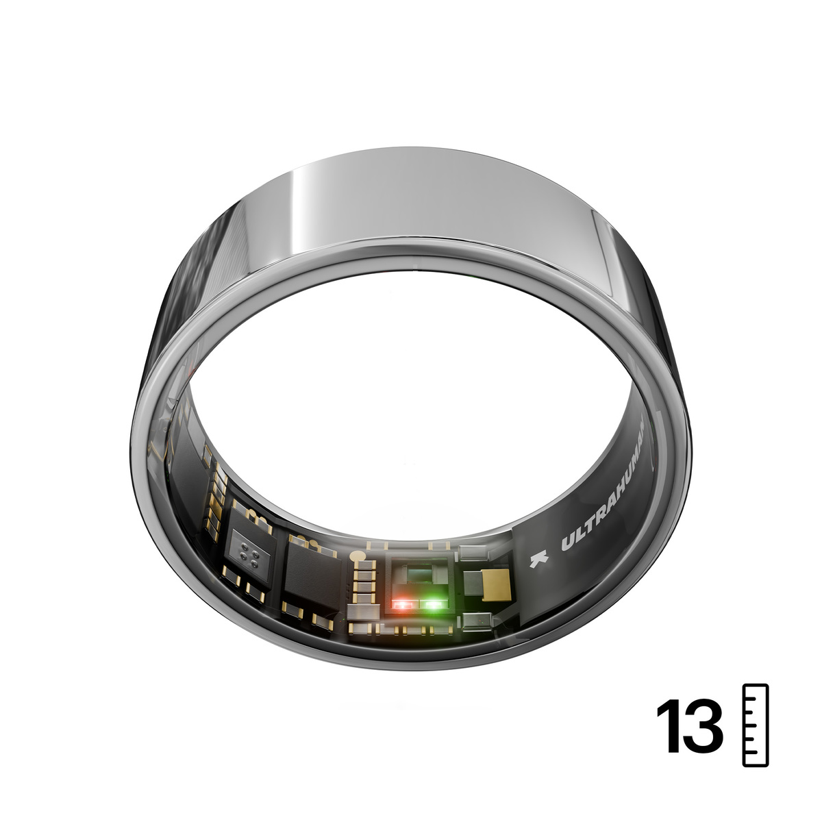 Ein silberner Smartring mit interner Schaltung und einer Größenangabe 13. Der Ring hat ein "ULTRAHUMAN" Logo.