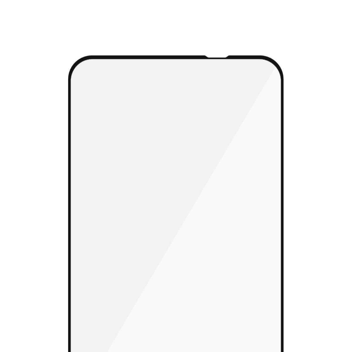 Una vista ravvicinata di una protezione per lo schermo dello smartphone. Ha angoli arrotondati, un bordo nero e una superficie bianca riflettente.