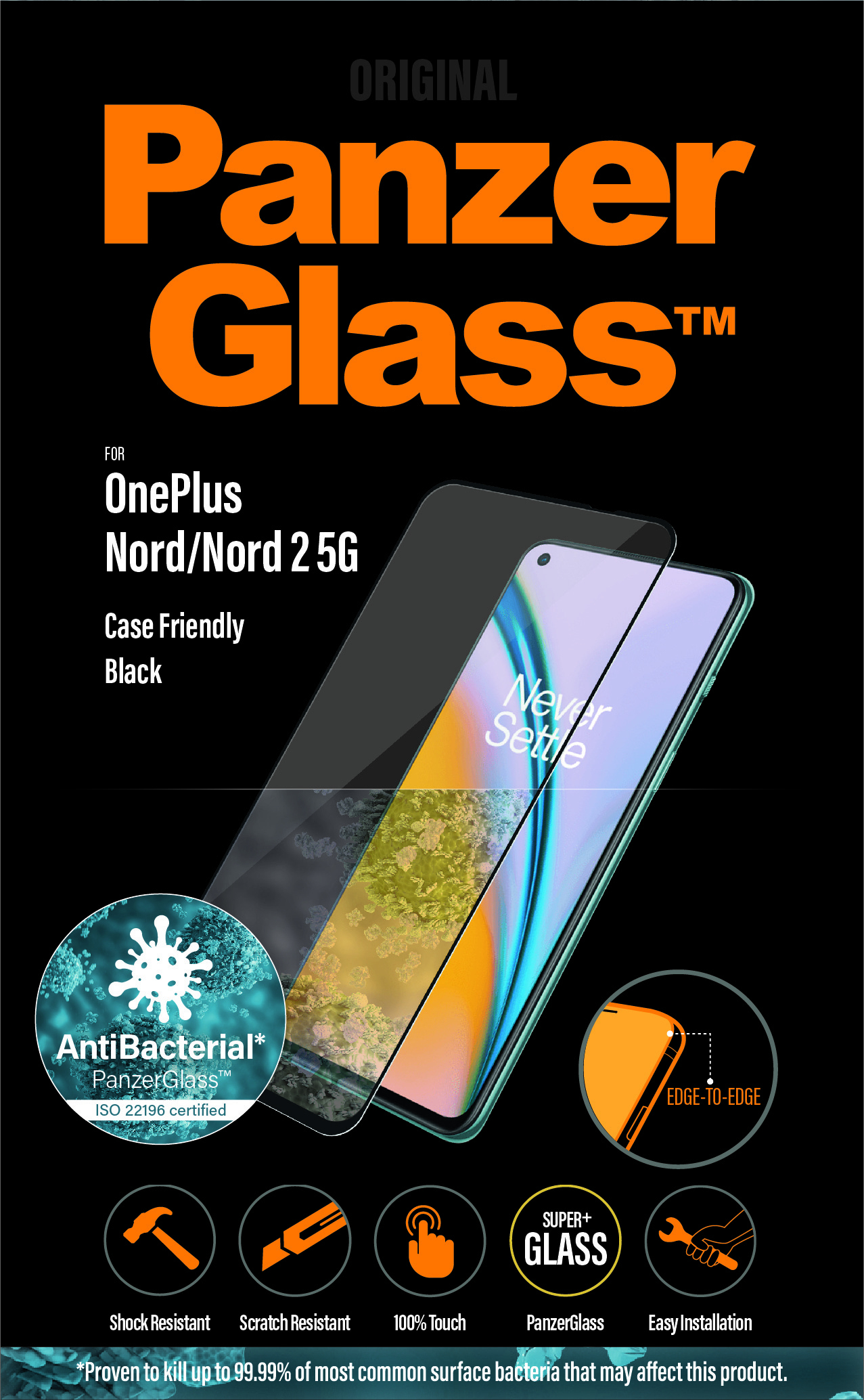 Confezione di protezione schermo con immagine del telefono, testo 'PanzerGlass' e caratteristiche del prodotto.