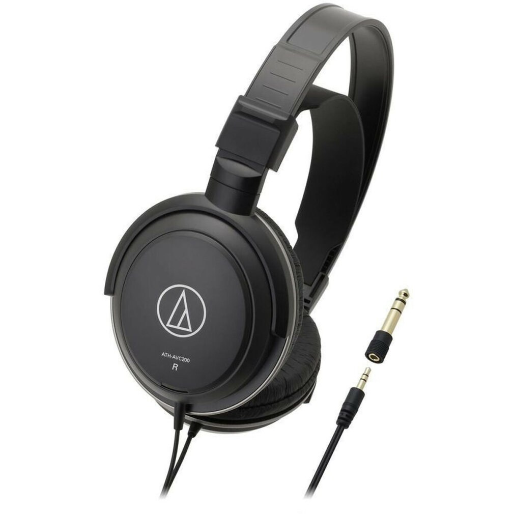 Czarne słuchawki Audio-Technica ATH-AVC200 z odłączanym kablem i pozłacanym wtykiem na białym tle.