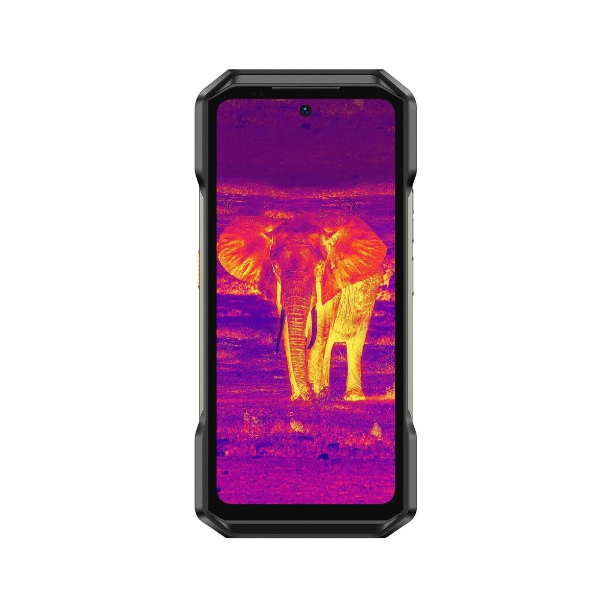 Smartfon wyświetla termowizję słonia na polu. Telefon ma czarną obudowę.