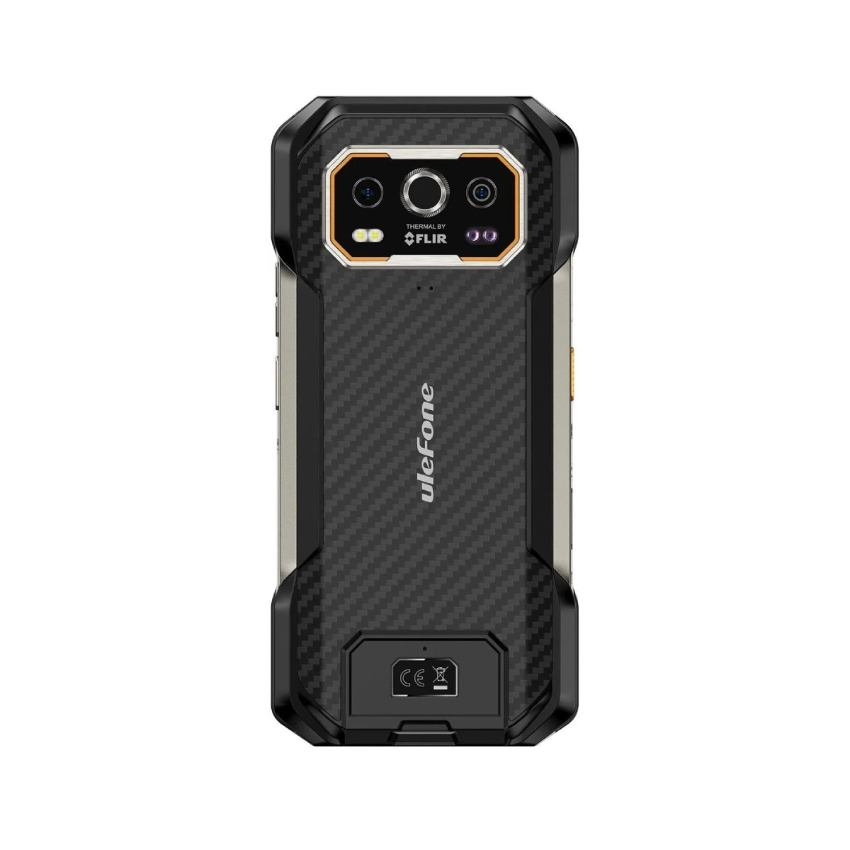 Tył wytrzymałego smartfona Ulefone. Posiada moduł aparatu i tylny panel o fakturze włókna węglowego.
