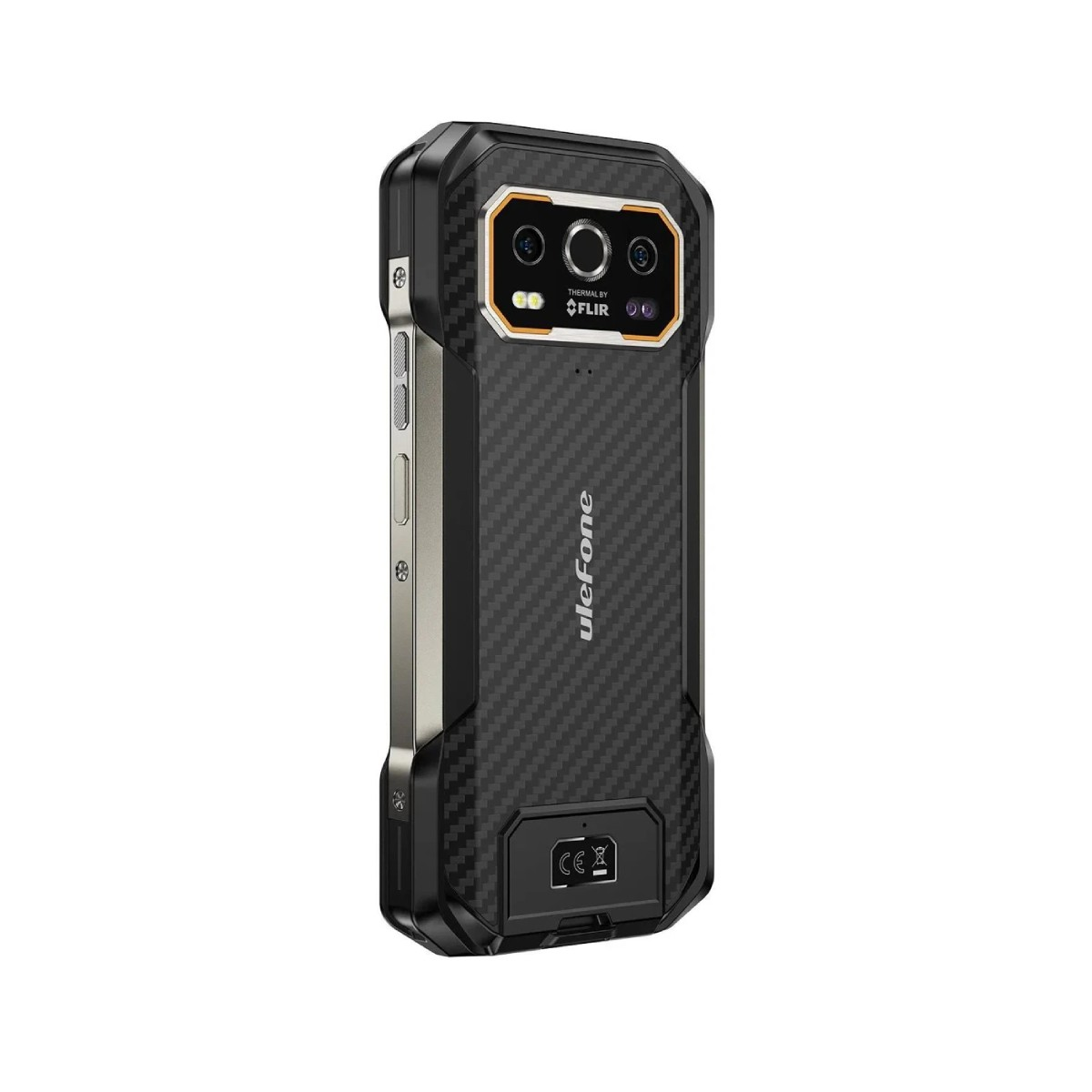 Wytrzymały, czarny smartfon z tyłem w wzór włókna węglowego. Ma moduł aparatu i logo Ulefone. Stoi pionowo.