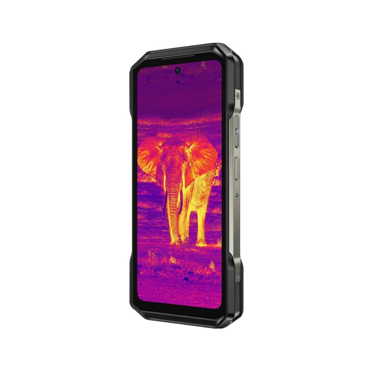 Smartfon wyświetla obraz termiczny słonia. Telefon jest czarno-srebrny, z przyciskami z boku.