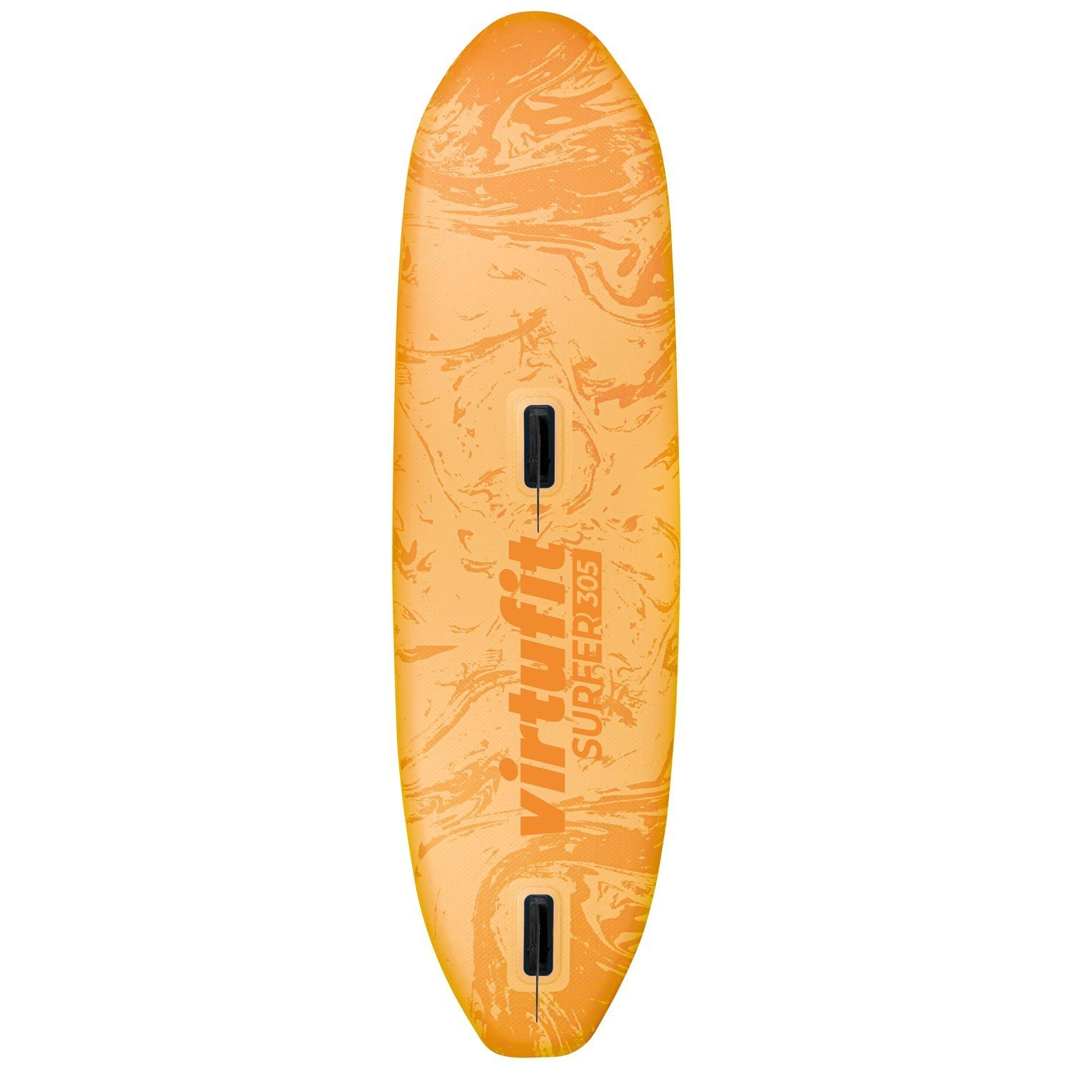 Draufsicht auf ein Virtufit Surfer 305 Paddleboard. Das Board ist orange mit Marmormuster. Es hat zwei schwarze Griffe.