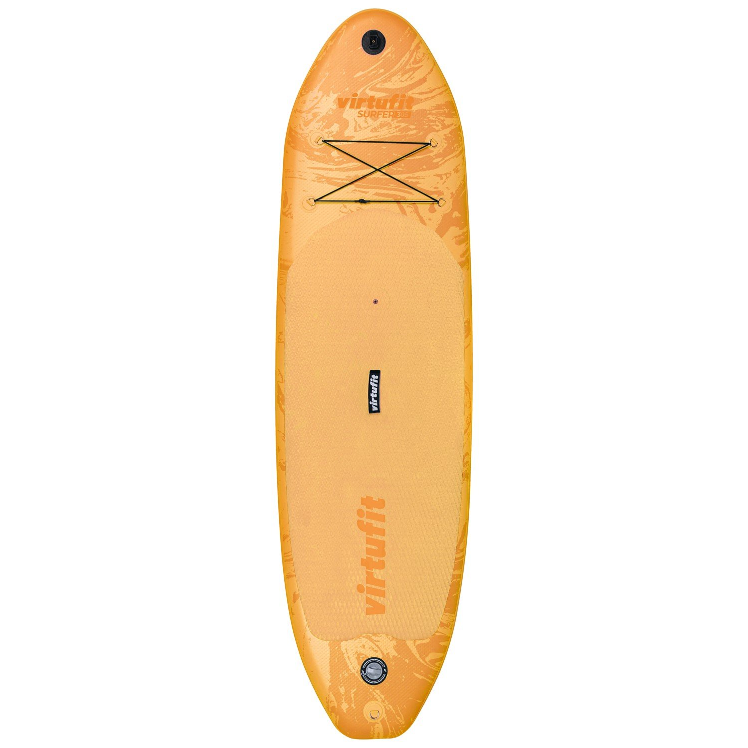Ein orangefarbenes VirtuFit-Stand-Up-Paddleboard. Es hat eine strukturierte Oberfläche mit dem Markennamen. Das Board hat schwarze Kordeln und ein rundes Logo.