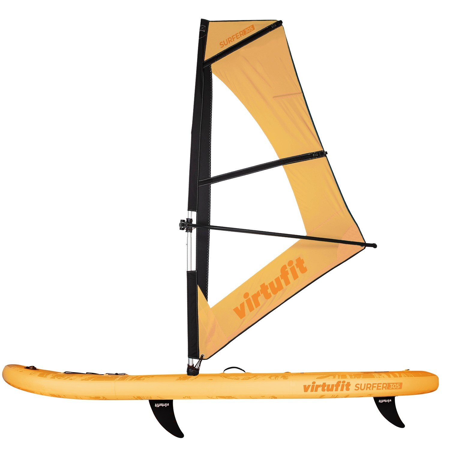Ein orange-schwarzes Virtufit Surfer 305 Windsurfbrett. Das Segel ist orange mit schwarzen Akzenten, und das Board hat Flossen.