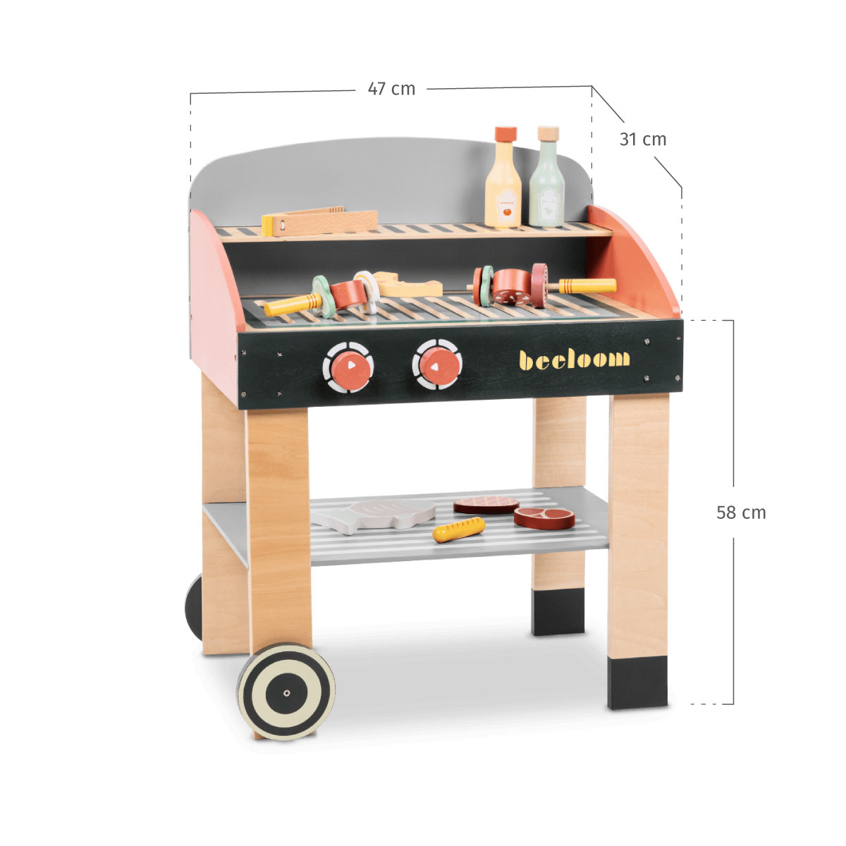 Parrilla de juguete de madera con comida y accesorios. Incluye brochetas, salsas y filetes. Las dimensiones se muestran en la imagen.