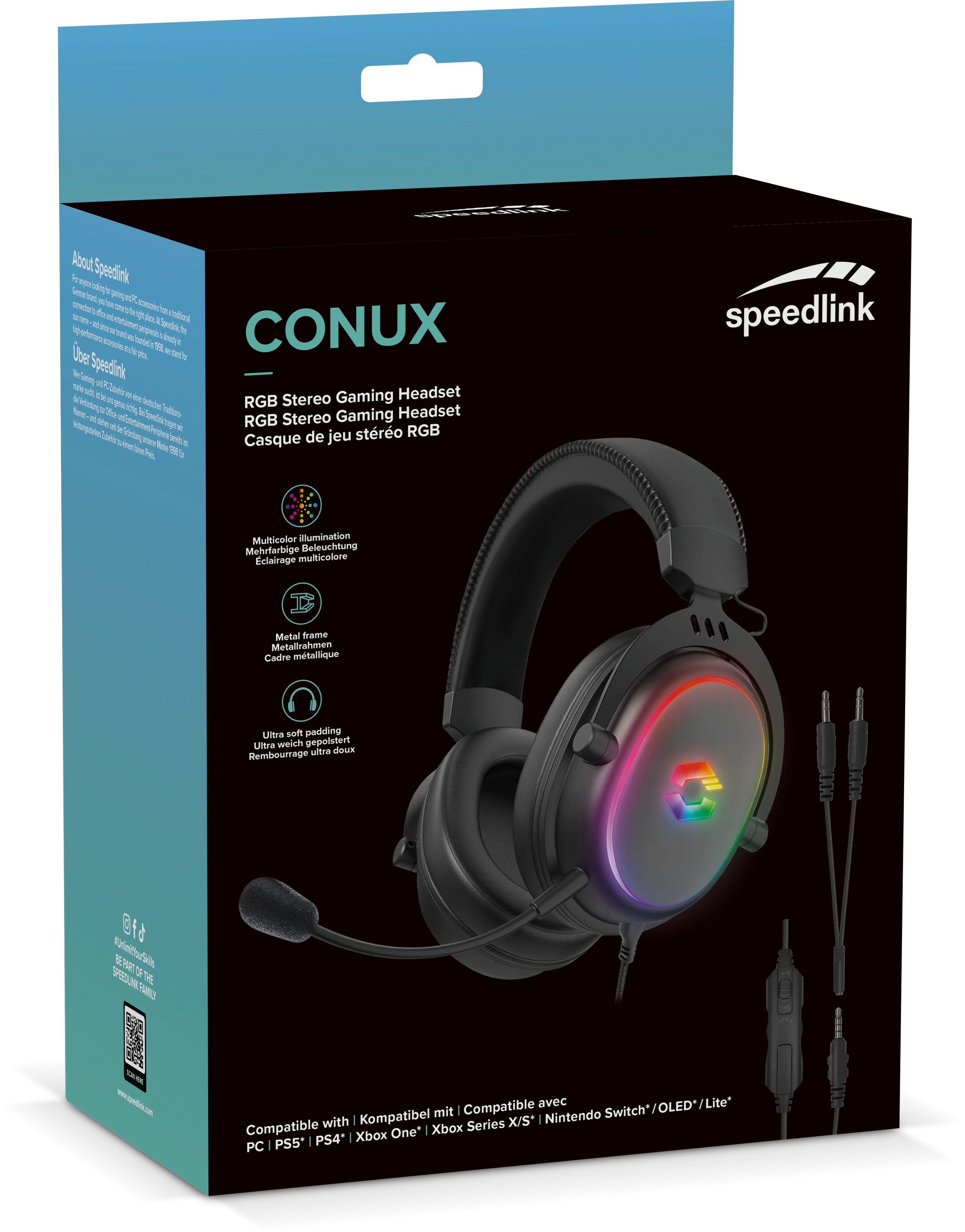 Pudełko z czarnym zestawem słuchawkowym, marką jest Speedlink.