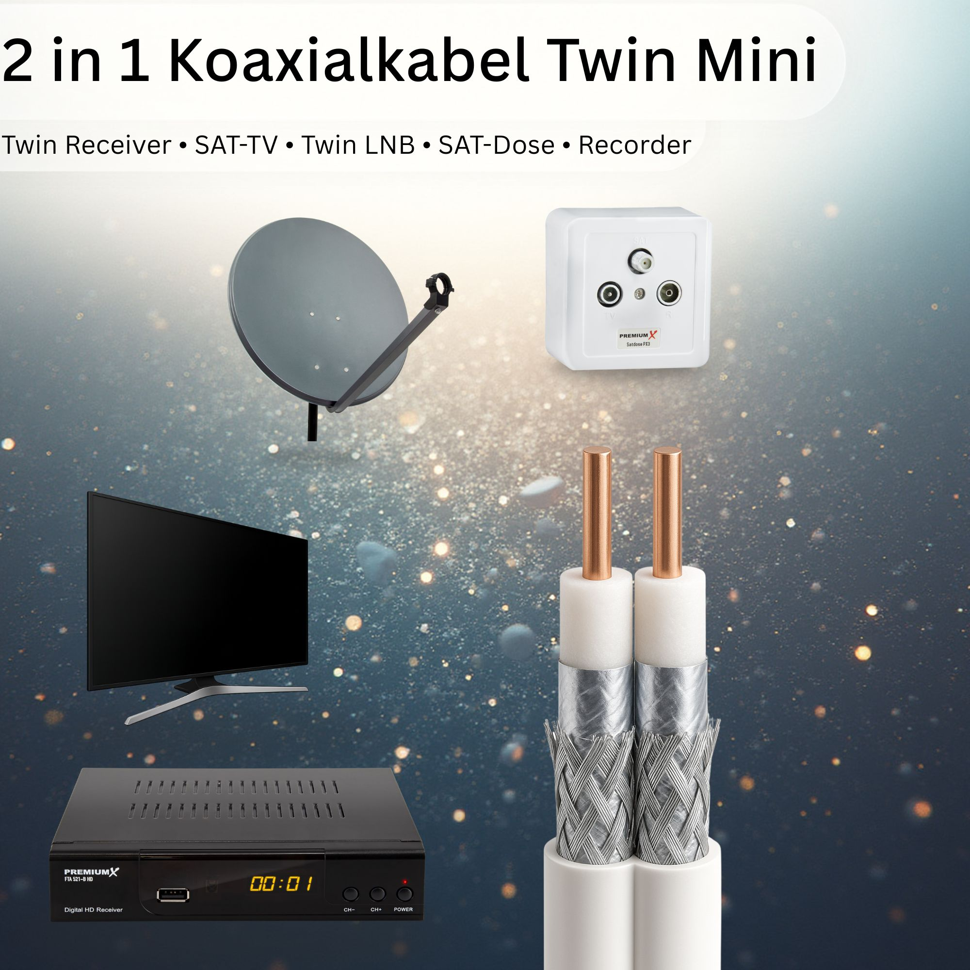 Das Bild zeigt eine Satellitenschüssel, einen Fernseher, ein Koaxialkabel, einen Receiver und eine Wandsteckdose. Der Hintergrund ist ein Bokeh-Effekt.