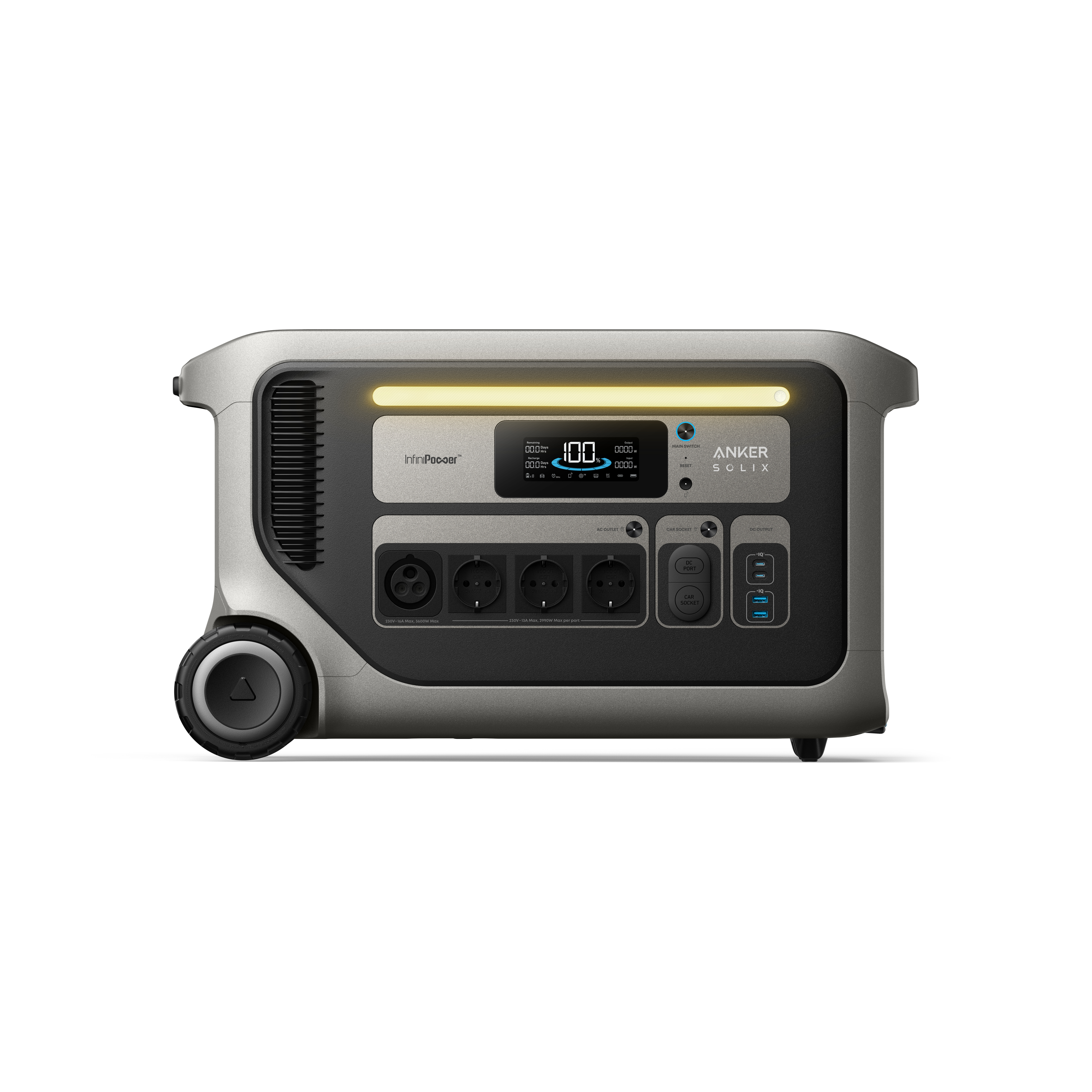 Srebrno-czarna stacja zasilania Anker Solix. Posiada wyświetlacz, gniazda i koło.