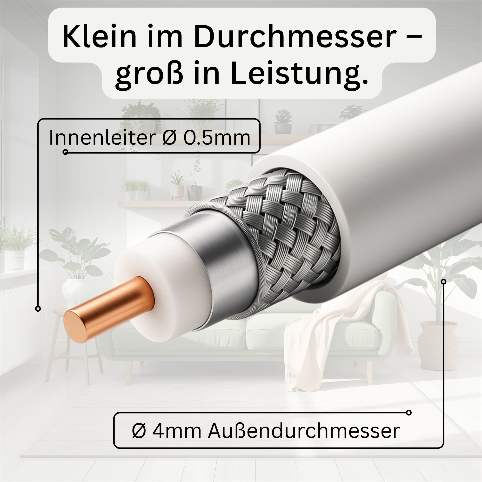 Querschnitt eines Koaxialkabels mit Innenleiter, Isolierung, Geflechtschirm und Außenmantel. Text beschreibt die Abmessungen.
