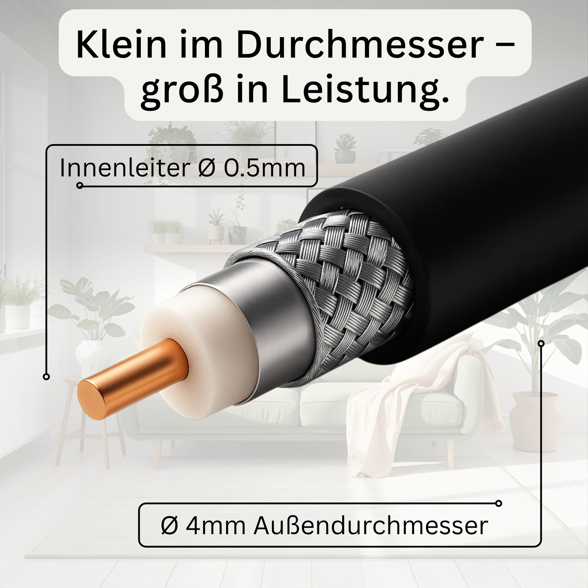 Querschnitt eines Koaxialkabels. Er zeigt den Innenleiter, die Isolierung, die Abschirmung und den Außenmantel. Textlabels.