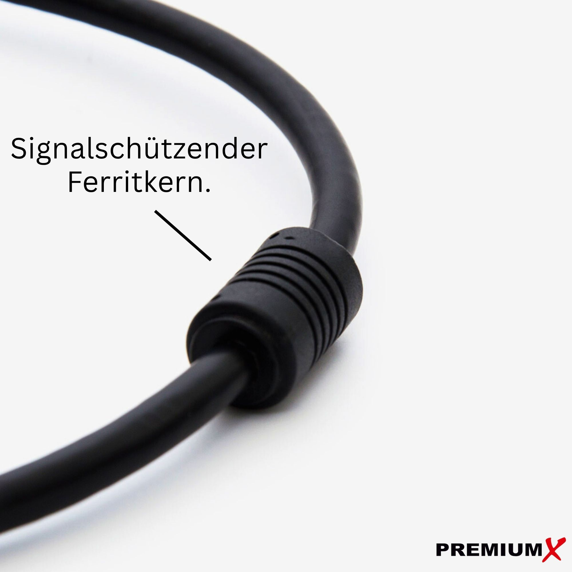 Nahaufnahme eines schwarzen Kabels mit Ferritkern auf weißem Hintergrund. Text beschriftet Teile des Kabels.