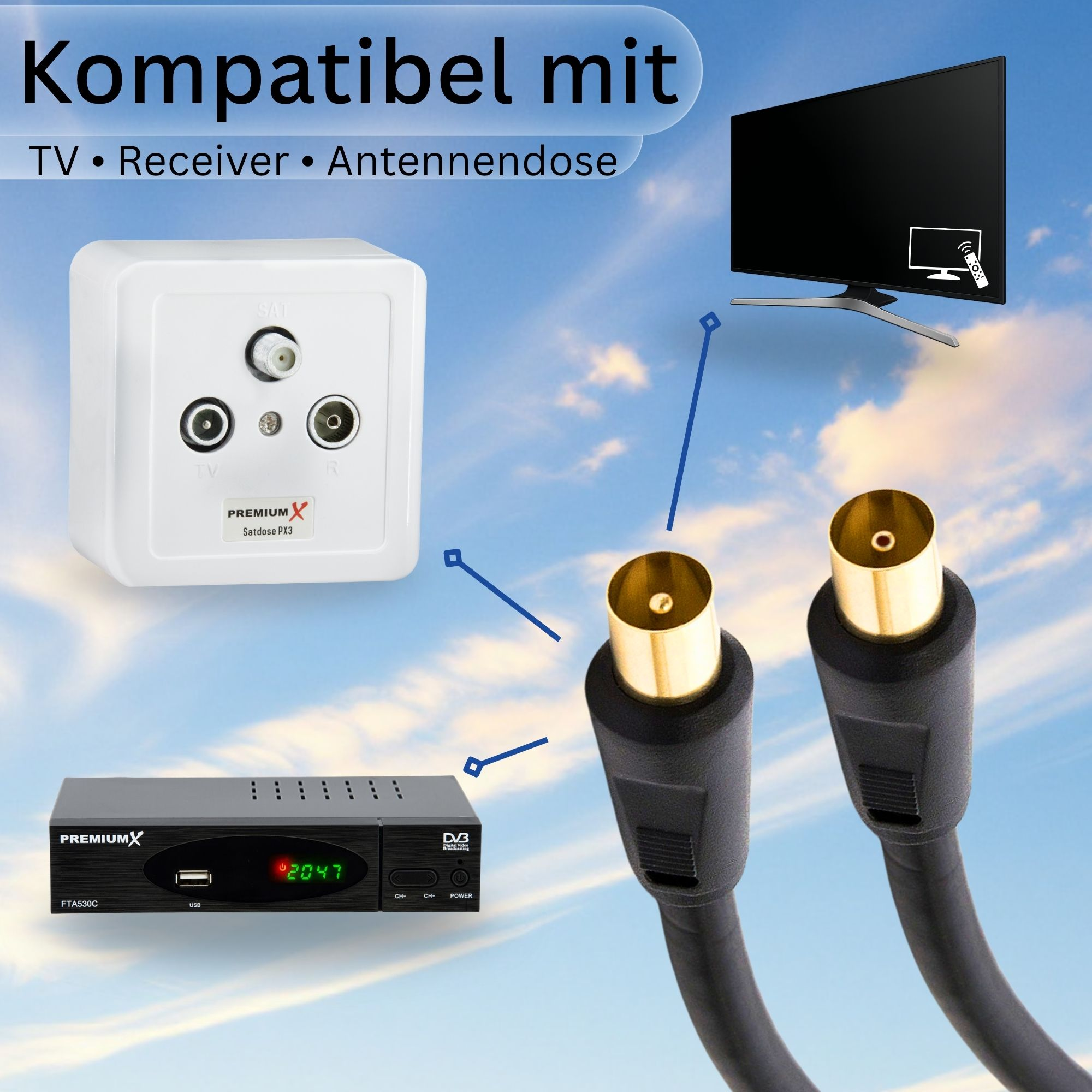 Das Bild zeigt einen Fernseher, einen Receiver und eine Antenne. Enthält eine weiße Antennendose, einen schwarzen Receiver und Kabel.