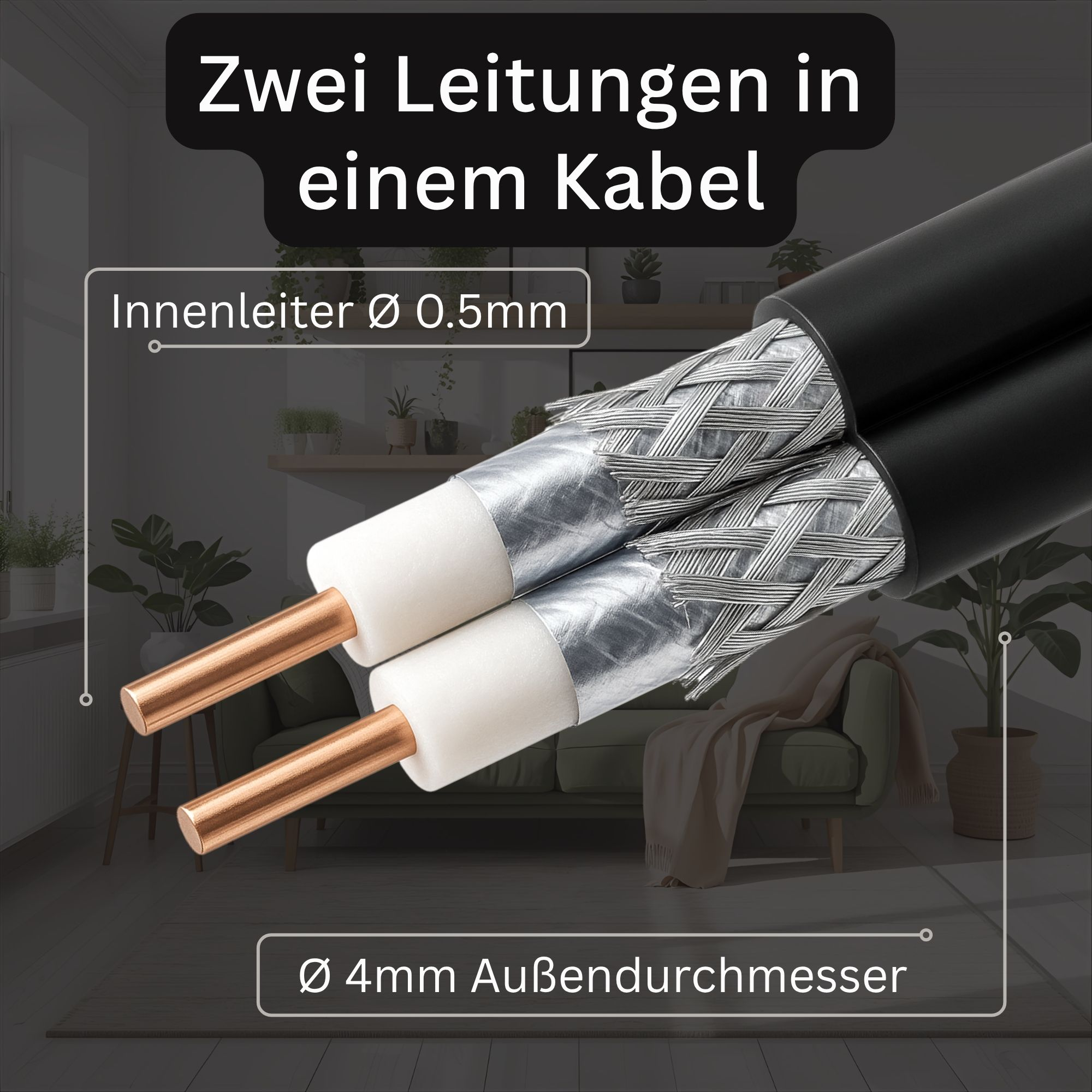 Querschnitt eines Kabels mit zwei Kupferdrähten, weißer Isolierung und Metallabschirmung, vor Wohnzimmerhintergrund.