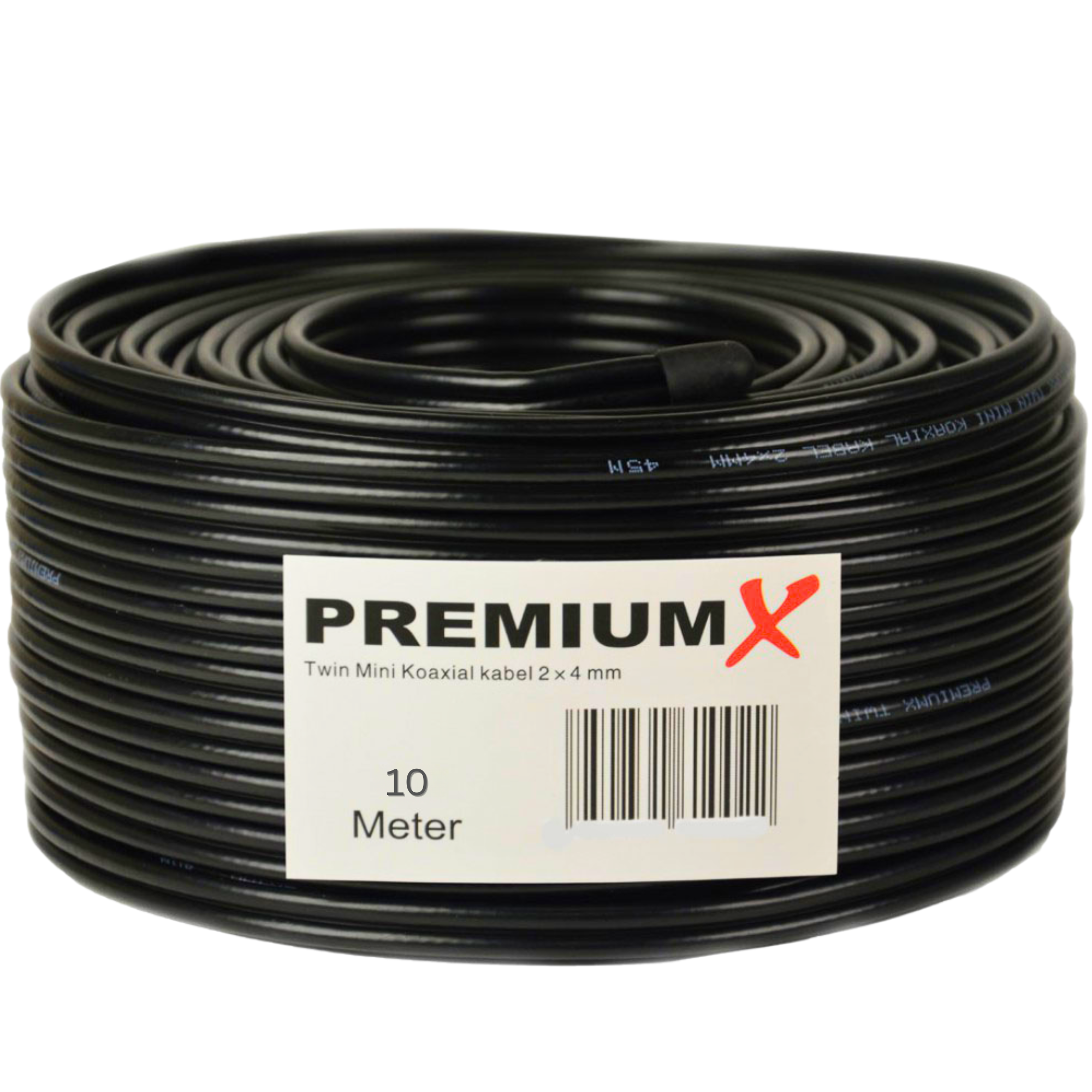 Eine Rolle schwarzes Koaxialkabel. Ein Etikett mit der Aufschrift 'Premium X' und '10 Meter'.