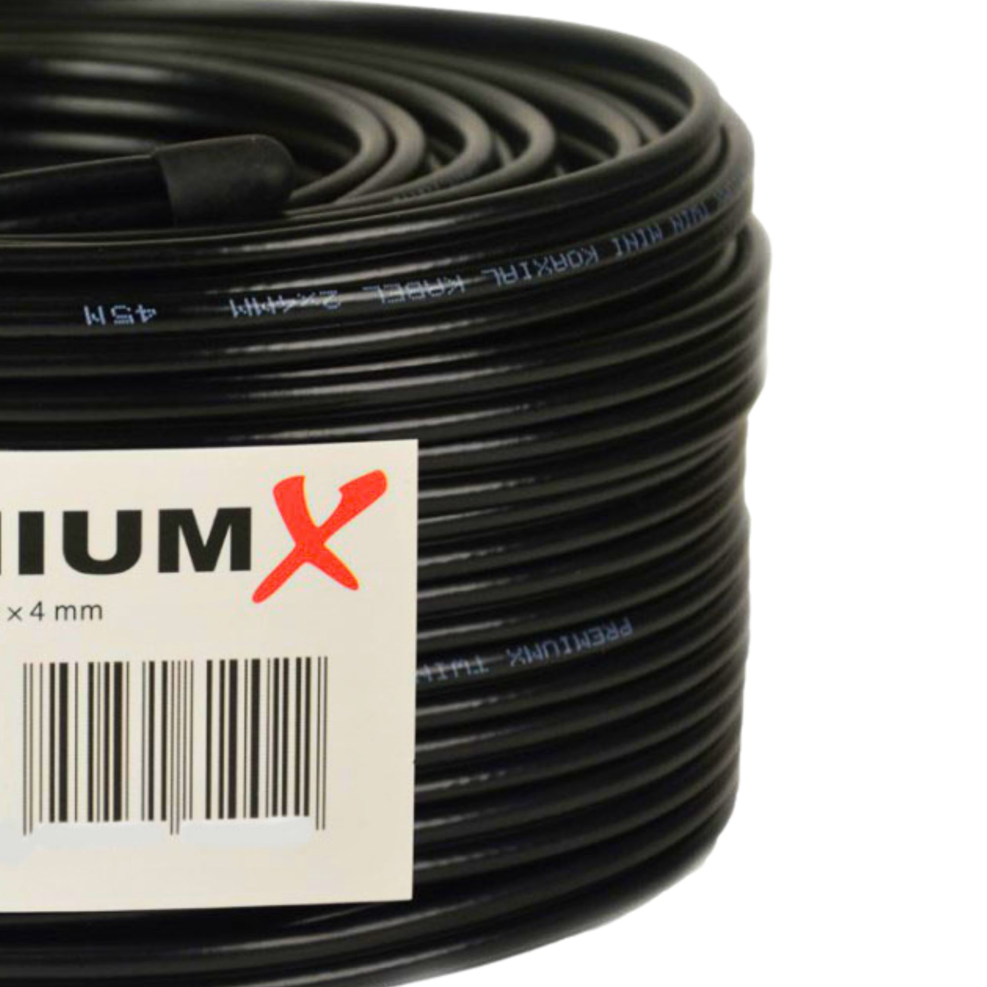 Gespultes schwarzes Koaxialkabel mit Etikett. Das Etikett zeigt 'IUMX' und einen Barcode. Das Kabel ist mit '45M' beschriftet.