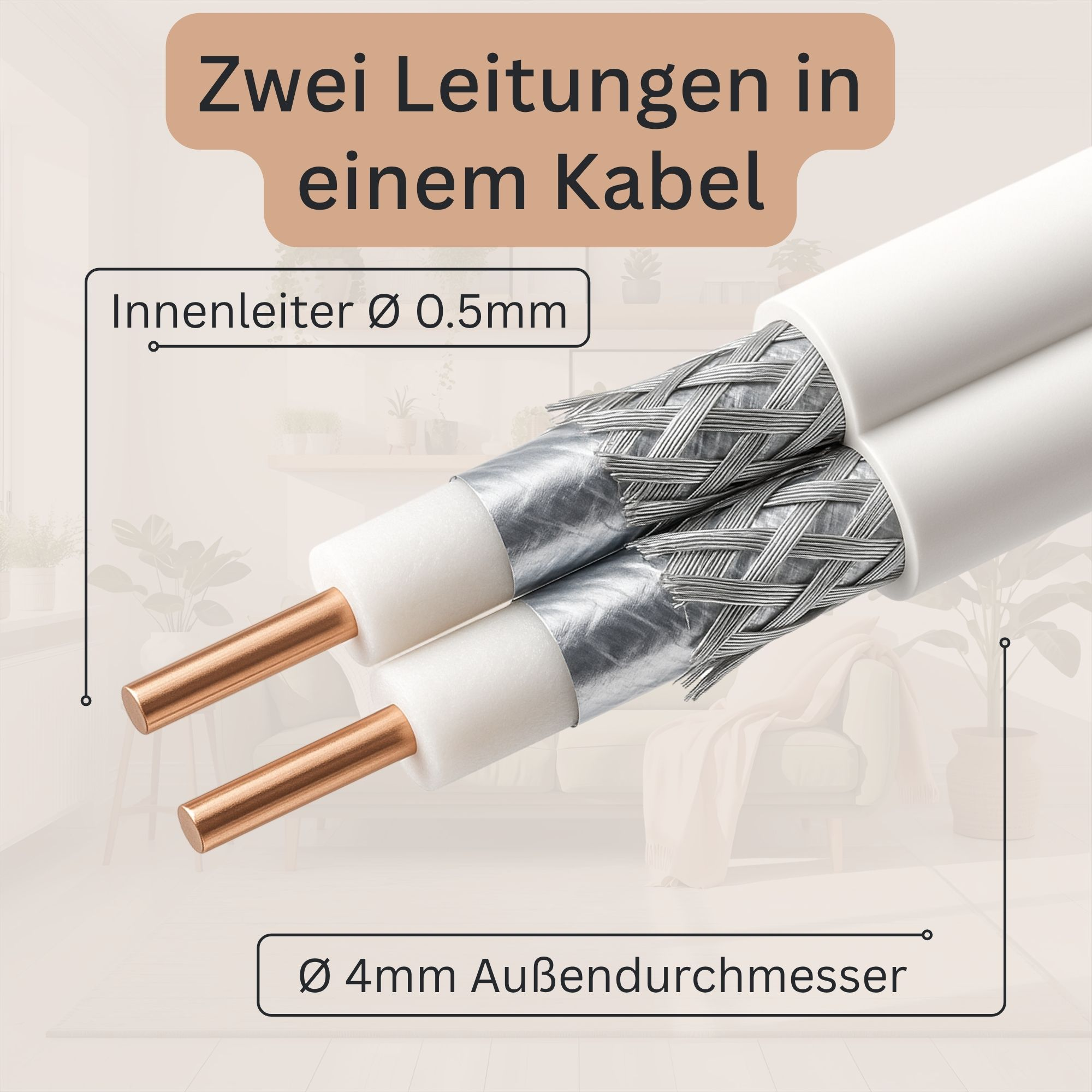 Nahaufnahme eines Koaxialkabels mit zwei Kupferdrähten und einem geflochtenen Metallschirm. Text erklärt den Durchmesser.