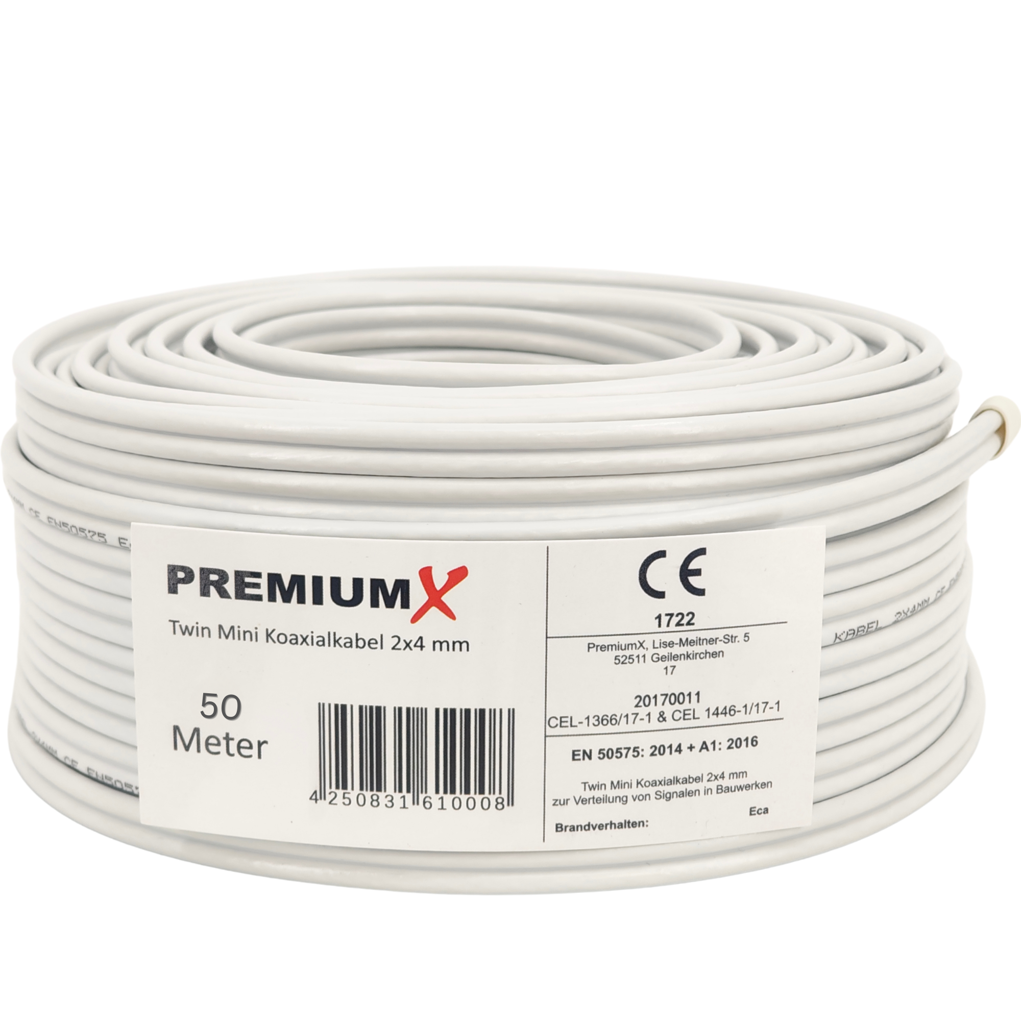 Eine weiße Koaxialkabelrolle mit Etikett. Das Etikett hat Text und einen Barcode. Das Kabel ist mit PremiumX beschriftet.
