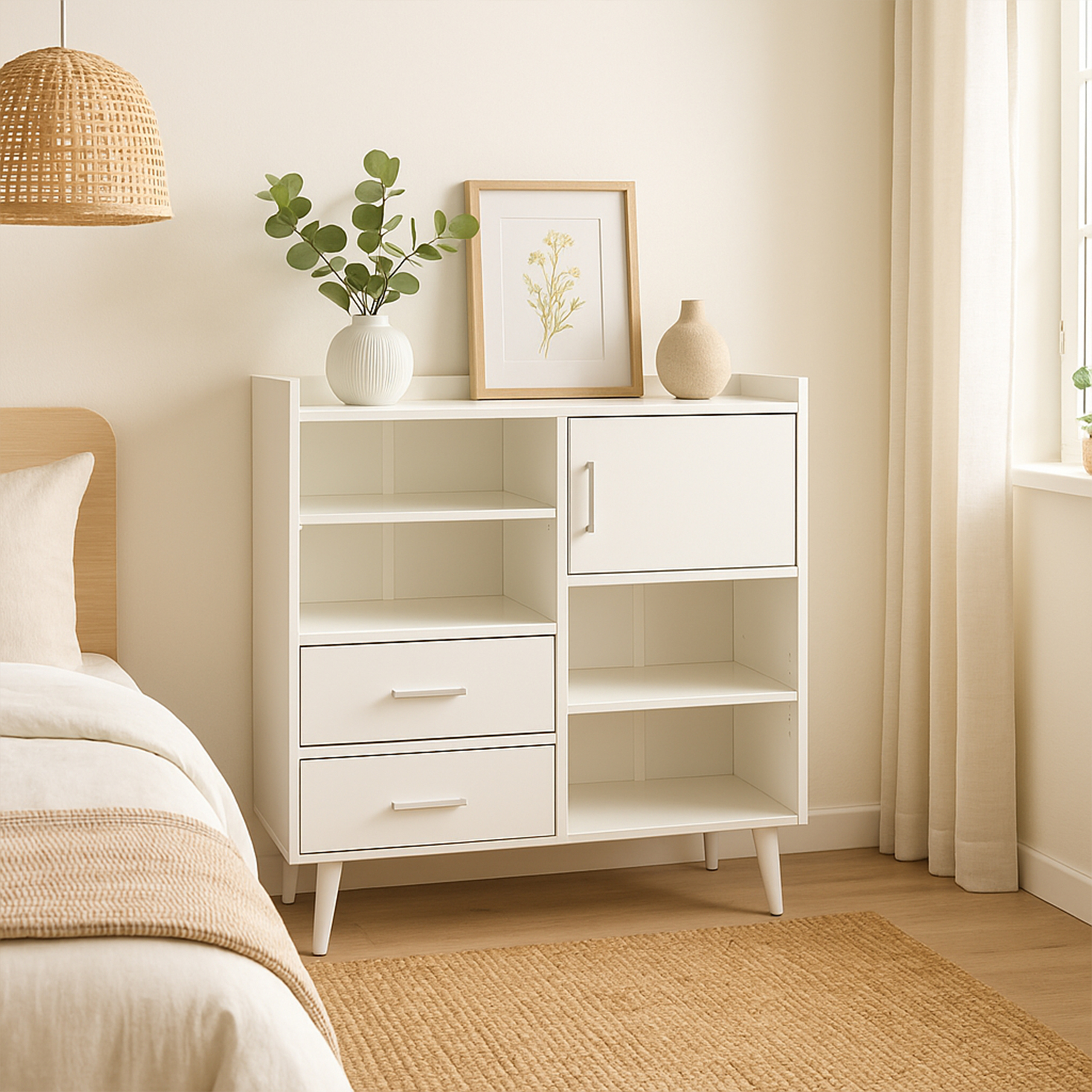 Weißer Schrank mit Deko oben. Bett mit Decke links. Wicker-Lampe hängt oben.