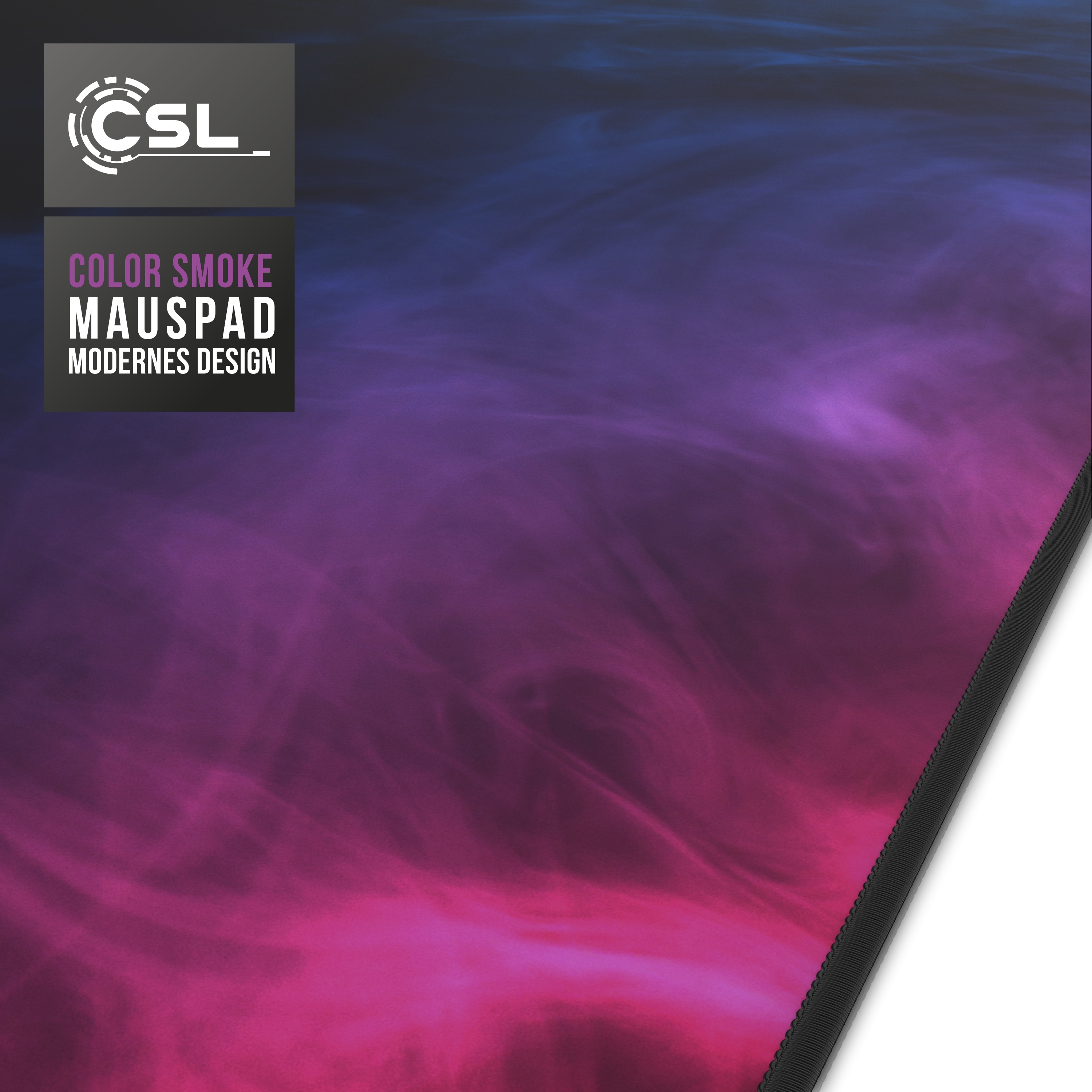 Mauspad mit Farbrauchdesign in Pink- und Blautönen. Das CSL-Logo befindet sich links. Schwarzer Rand rechts.