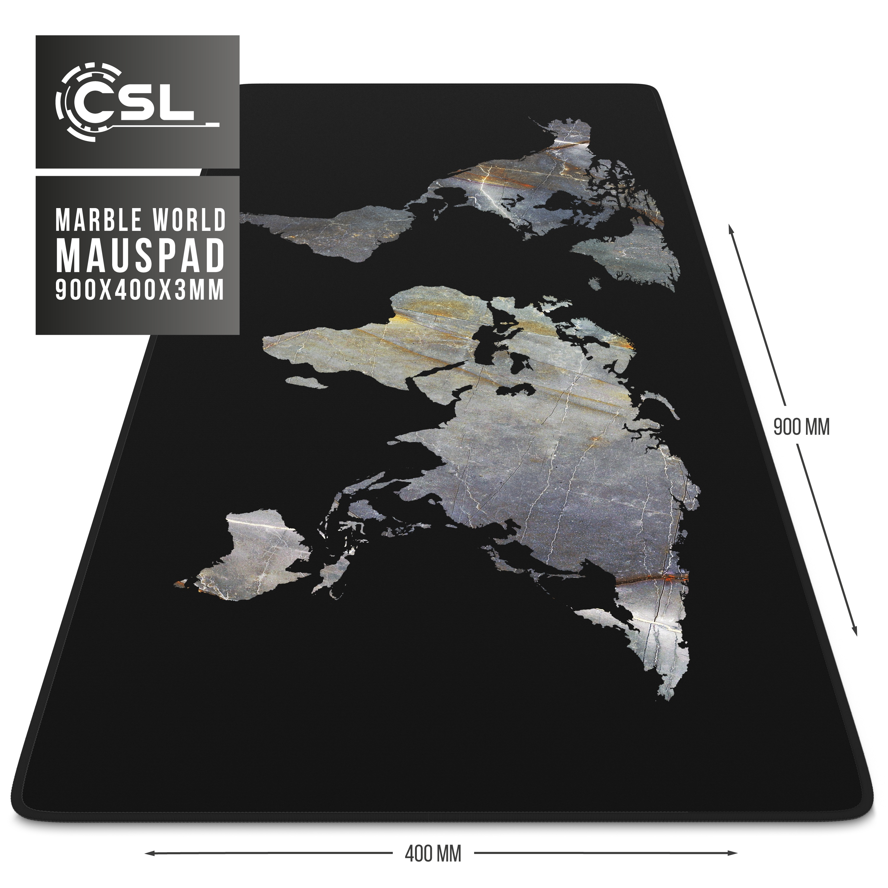 Ein schwarzes Mauspad mit einem Weltkartendesign aus Marmor. Es hat das CSL-Logo und Produktdetails.