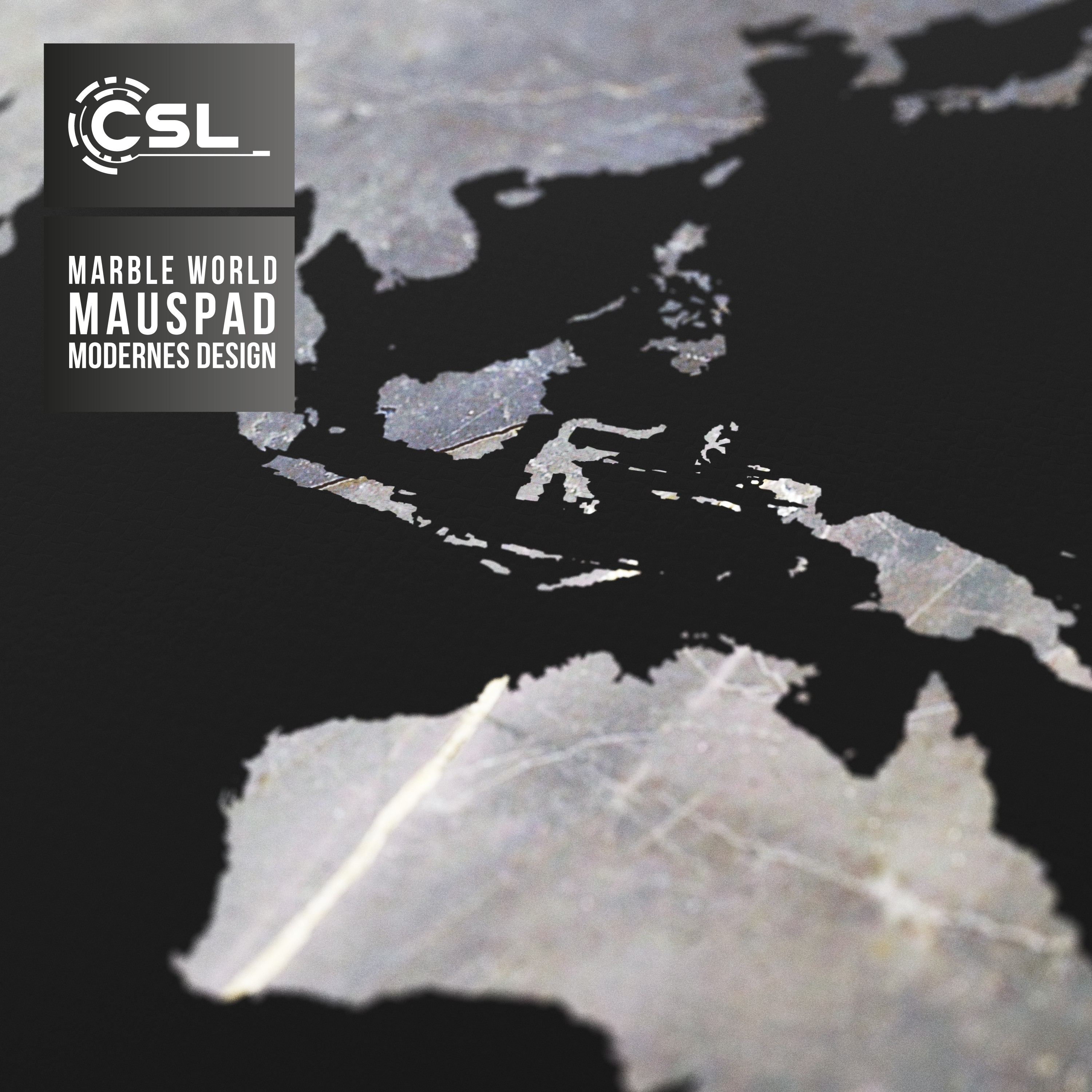 Mauspad-Design aus Marmor mit Weltkarten-Silhouette. Das CSL-Logo befindet sich oben links.