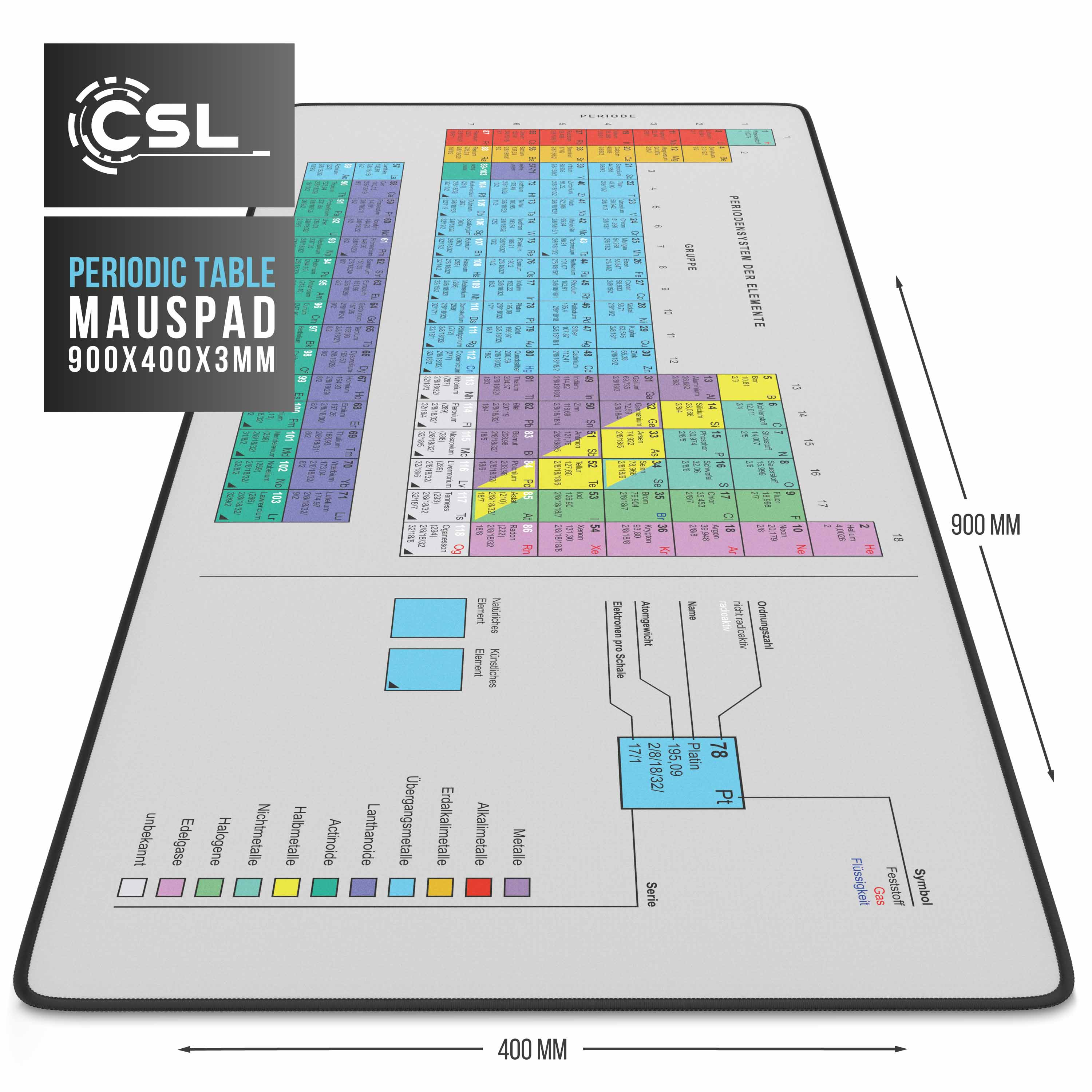Eine Periodensystem-Mauspad mit Elementsymbolen, 900x400x3mm, mit CSL-Logo.