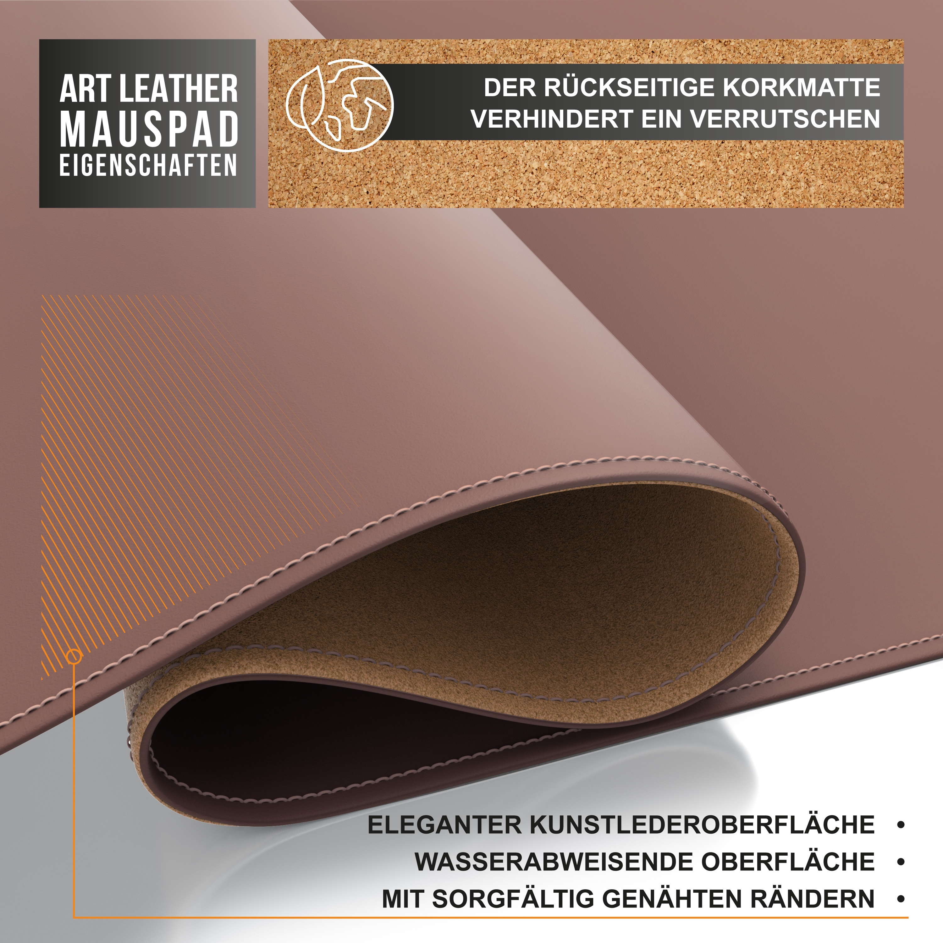 Ein braunes Mauspad mit Korkrücken. Text enthält: Art Leather Mousepad und Eigenschaften wie Wasserbeständigkeit.