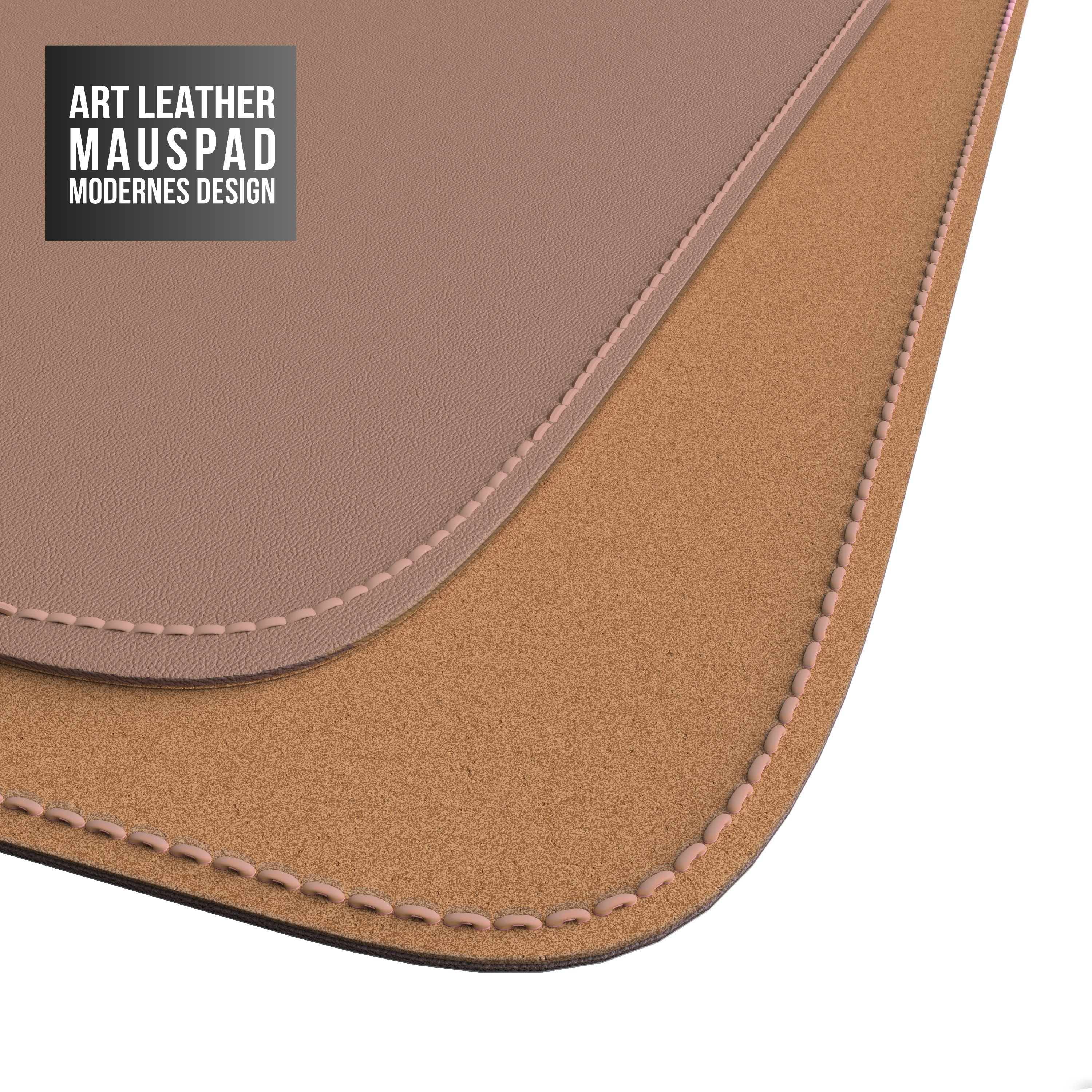 Ein mehrschichtiges Mauspapier. Die obere Schicht ist braunes Leder, die untere Kork. Beide sind zusammengenäht.