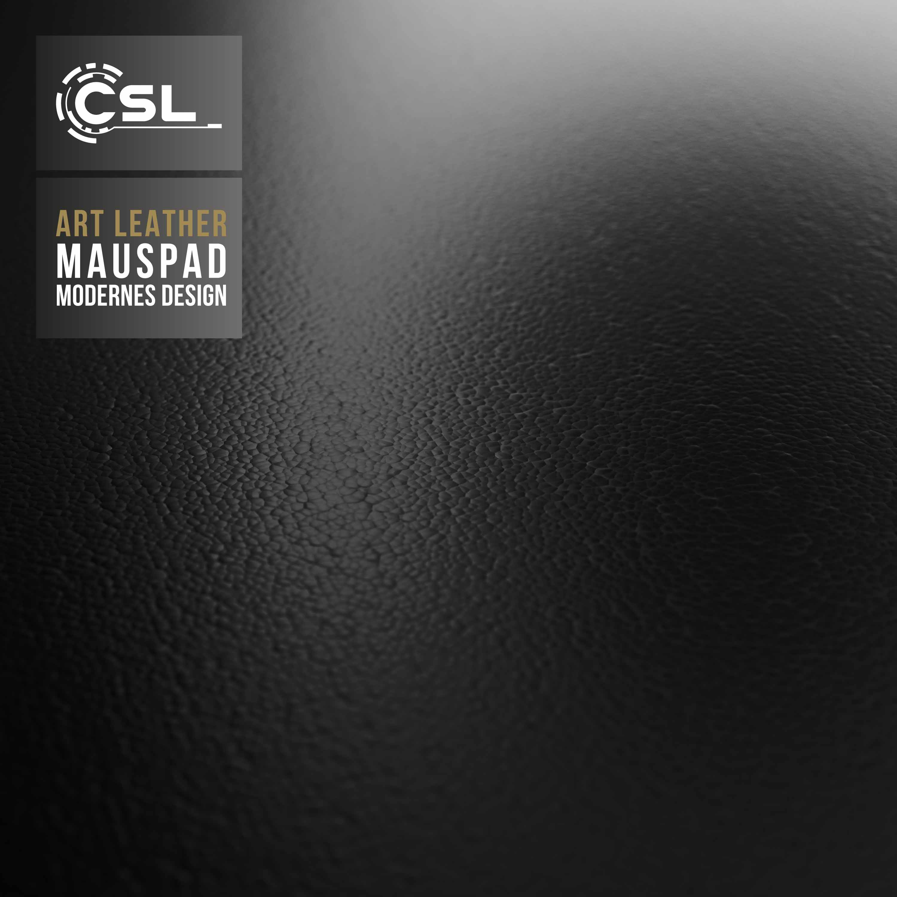 Schwarze strukturierte Oberfläche mit Logo und Text: Art Leather Mauspad. Die Oberfläche hat Lederoptik.