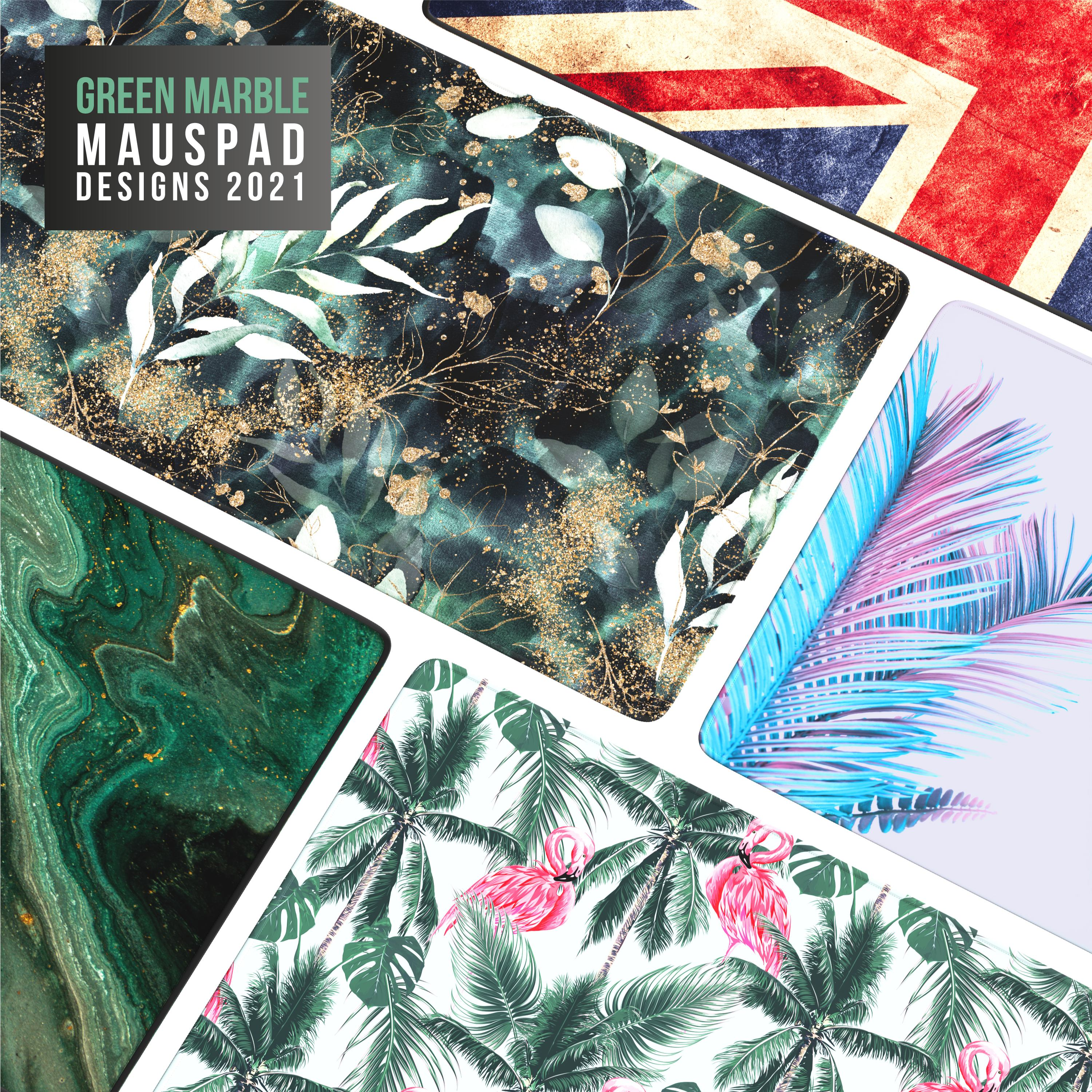Verschiedene Mauspaddesigns. Grüner Marmor, Union Jack, Palmblätter, Flamingos und ein blau-rosa Palmwedel.