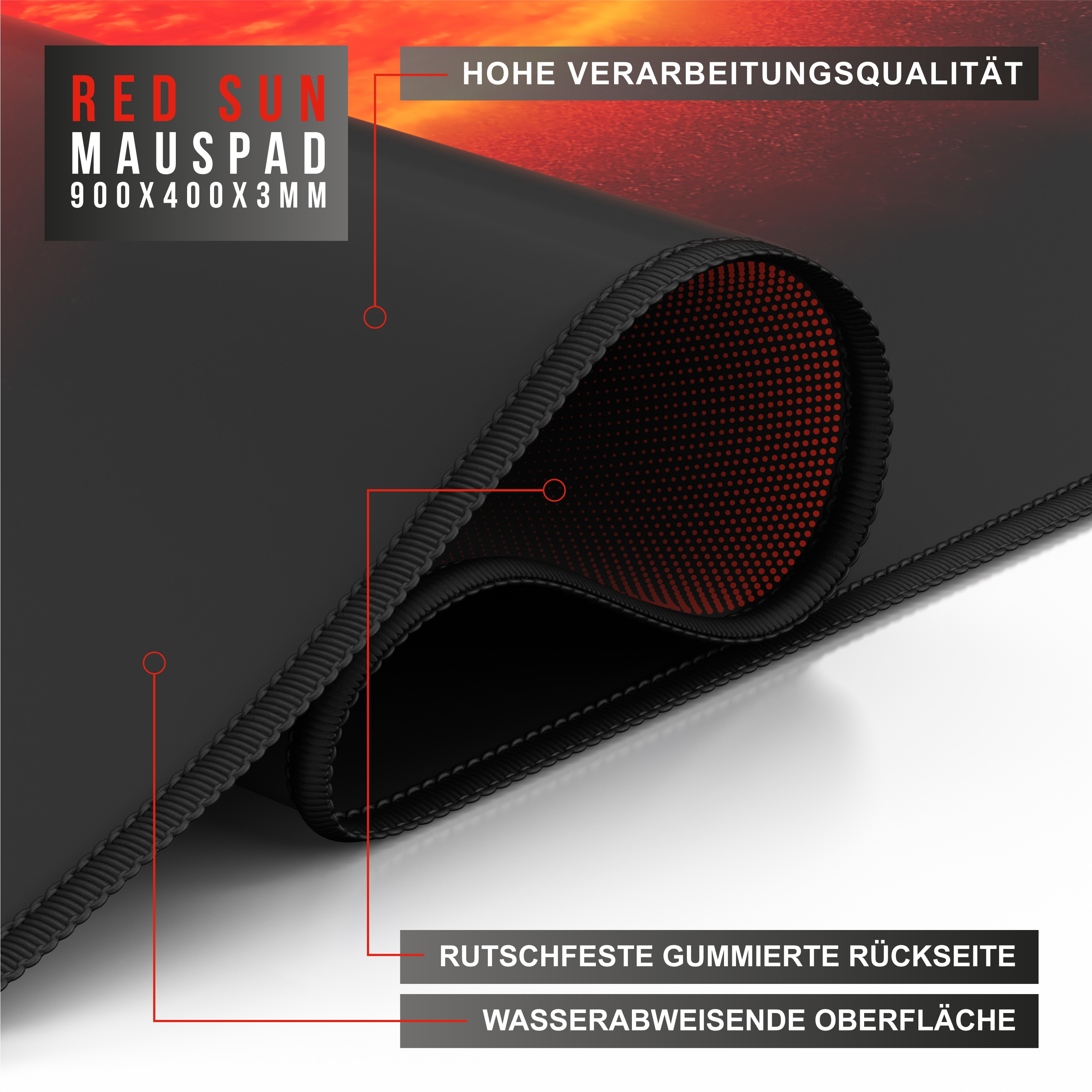 Schwarzes Mauspad mit roten Akzenten, Text und Etiketten. Merkmale sind eine rutschfeste Gummiunterseite und eine wasserabweisende Oberfläche.