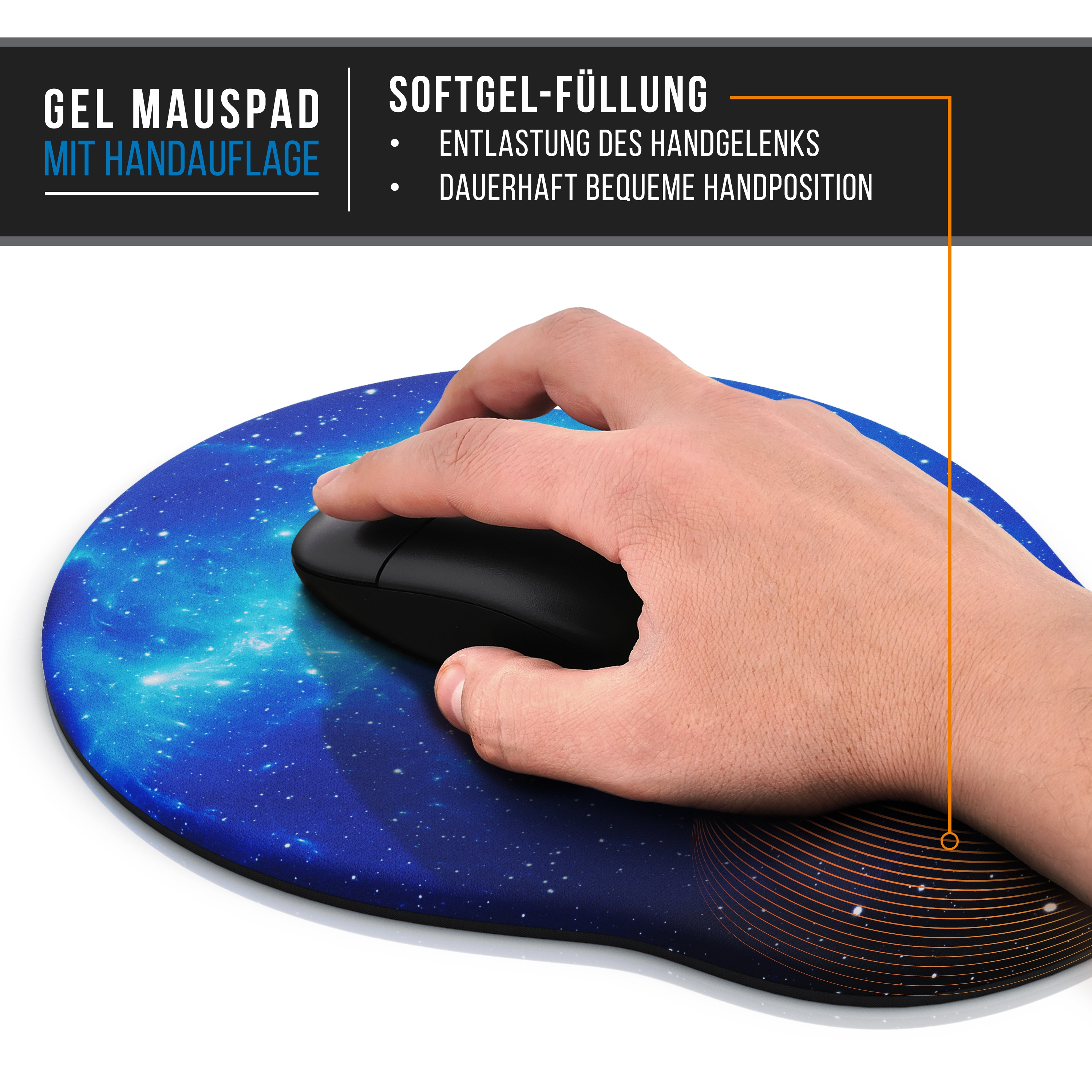 Eine Hand benutzt eine schwarze Maus auf einem blauen Gel-Mauspad mit Handgelenkauflage.