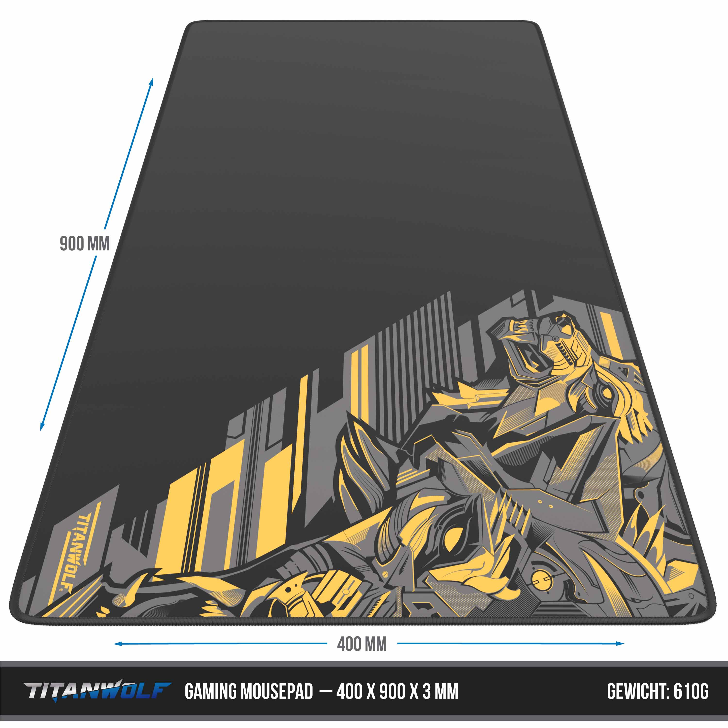 Schwarzes Gaming-Mauspad mit gelb-grauem Design. Titanwolf-Logo, Maße 400x900x3mm. Gewicht 610g.