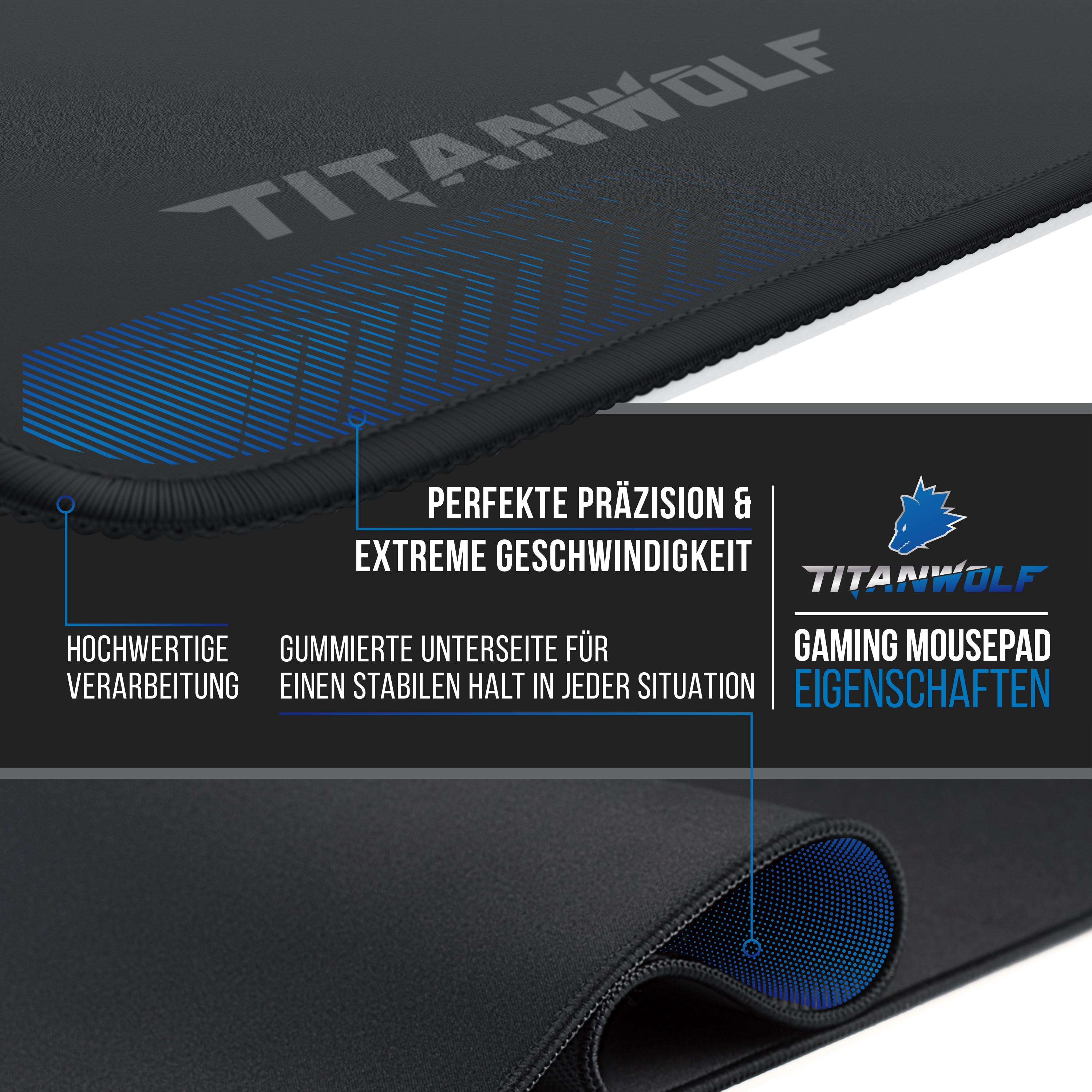 Nahaufnahme eines schwarzen Mauspads mit blauem Design und weißem Text. Die Marke ist Titanwolf.