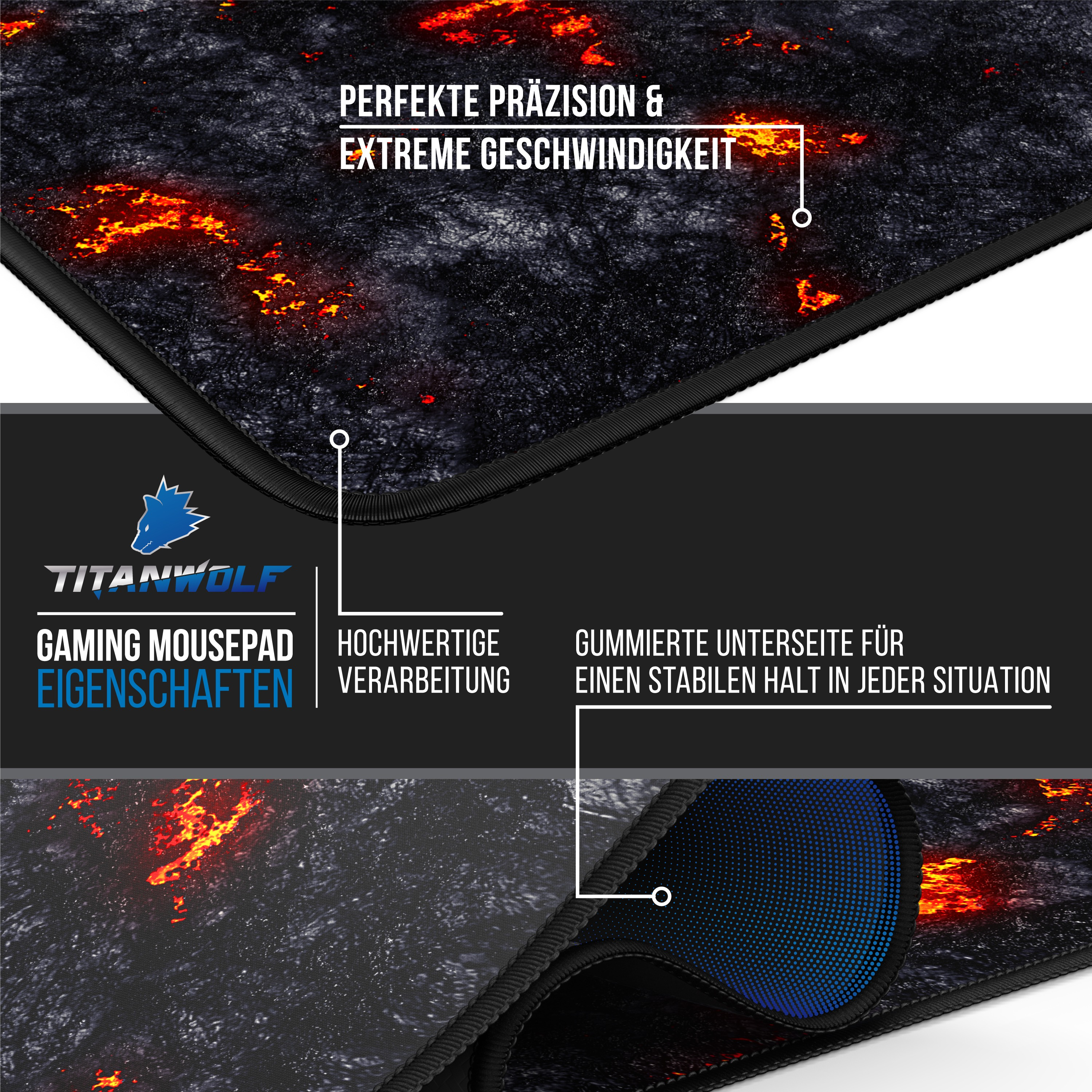 Gaming-Mauspad mit Lava-Design. Eigenschaften: Präzision, Geschwindigkeit und rutschfeste Gummibasis.