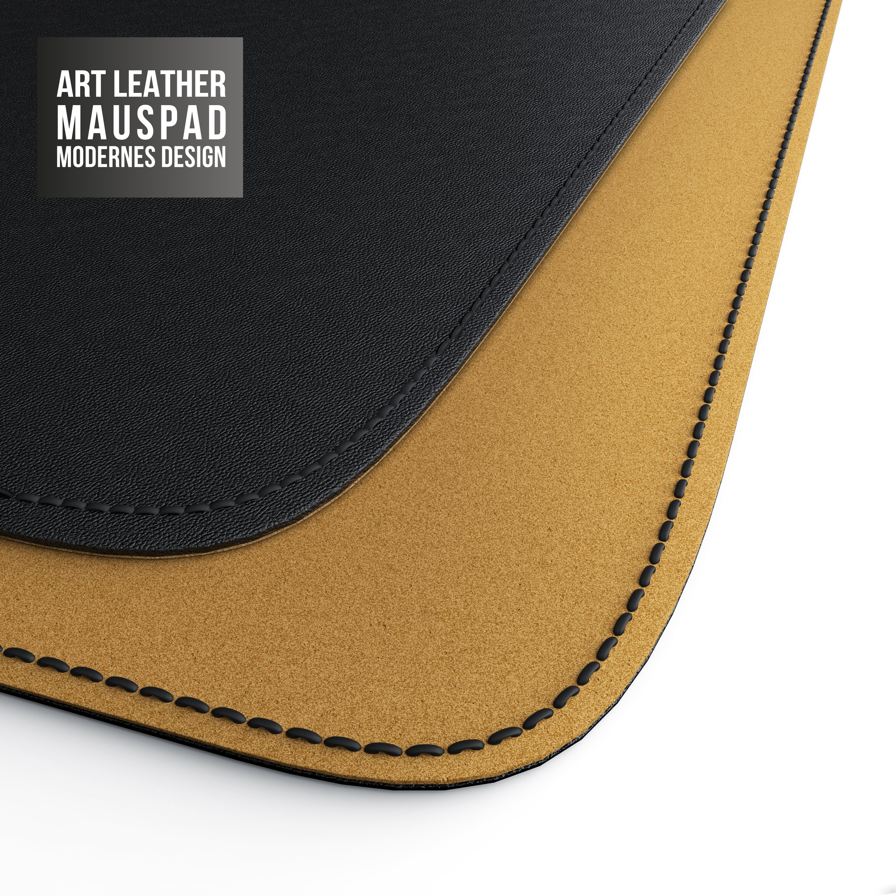 Nahaufnahme eines schwarzen Leder-Mauspads über einer braunen Korkoberfläche mit genähten Kanten. Text: Art Leather Mauspad Modernes Design.