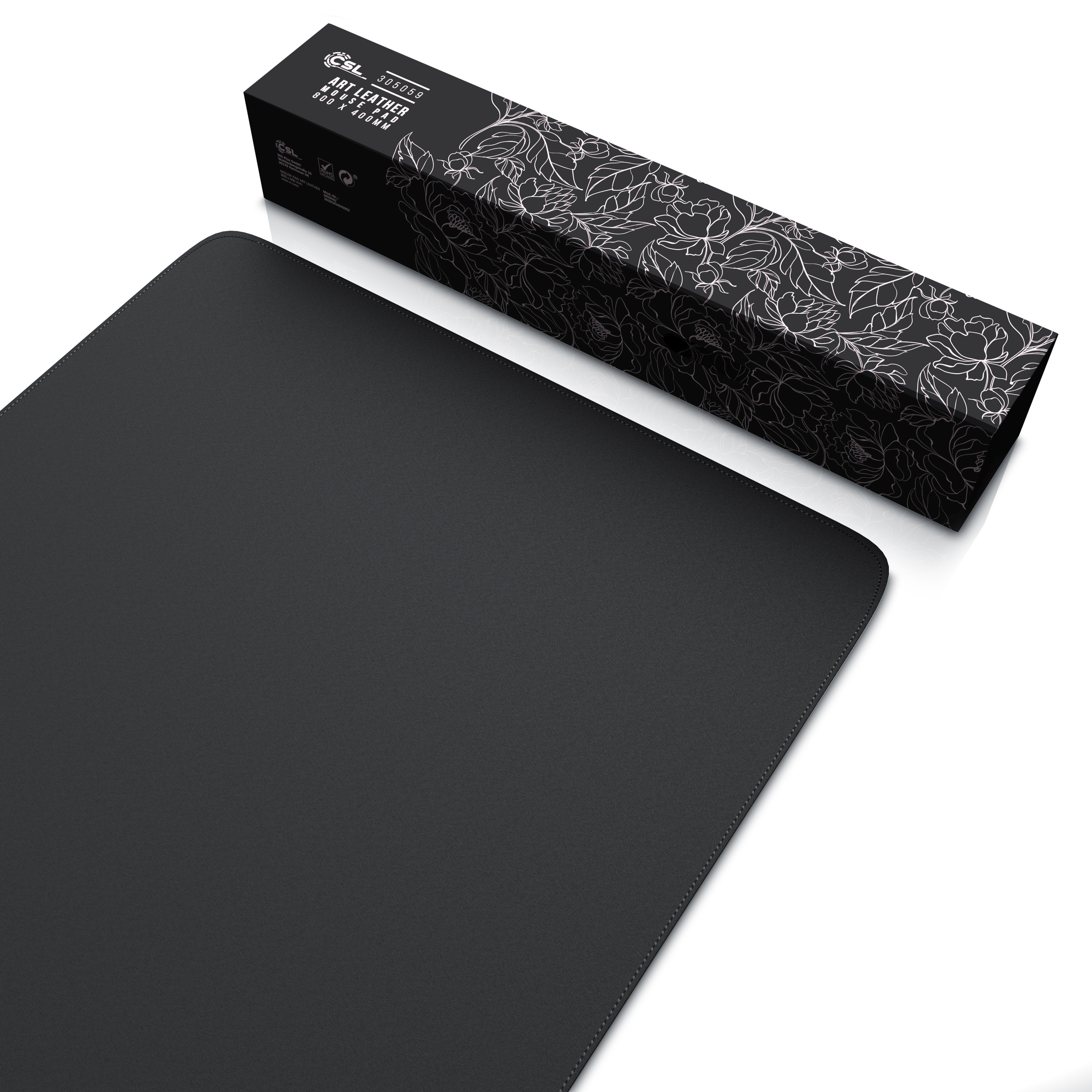 Schwarzes Mauspad mit schwarzer Box auf weißem Hintergrund. Die Box hat ein florales Design.