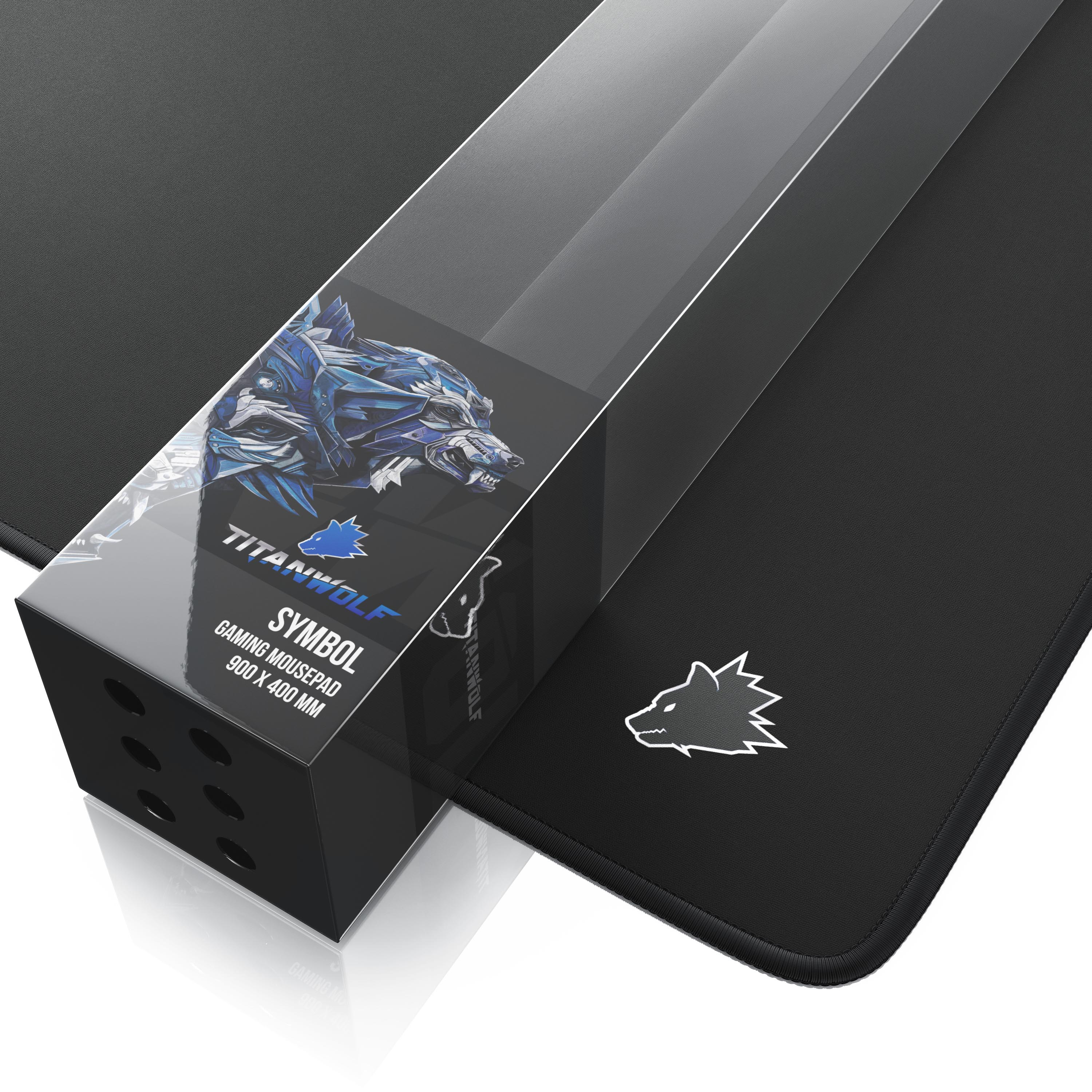 Schwarzes Gaming-Mauspad mit einer Box. Die Box hat ein Wolf-Logo und den Text 'TITANWOLF'.