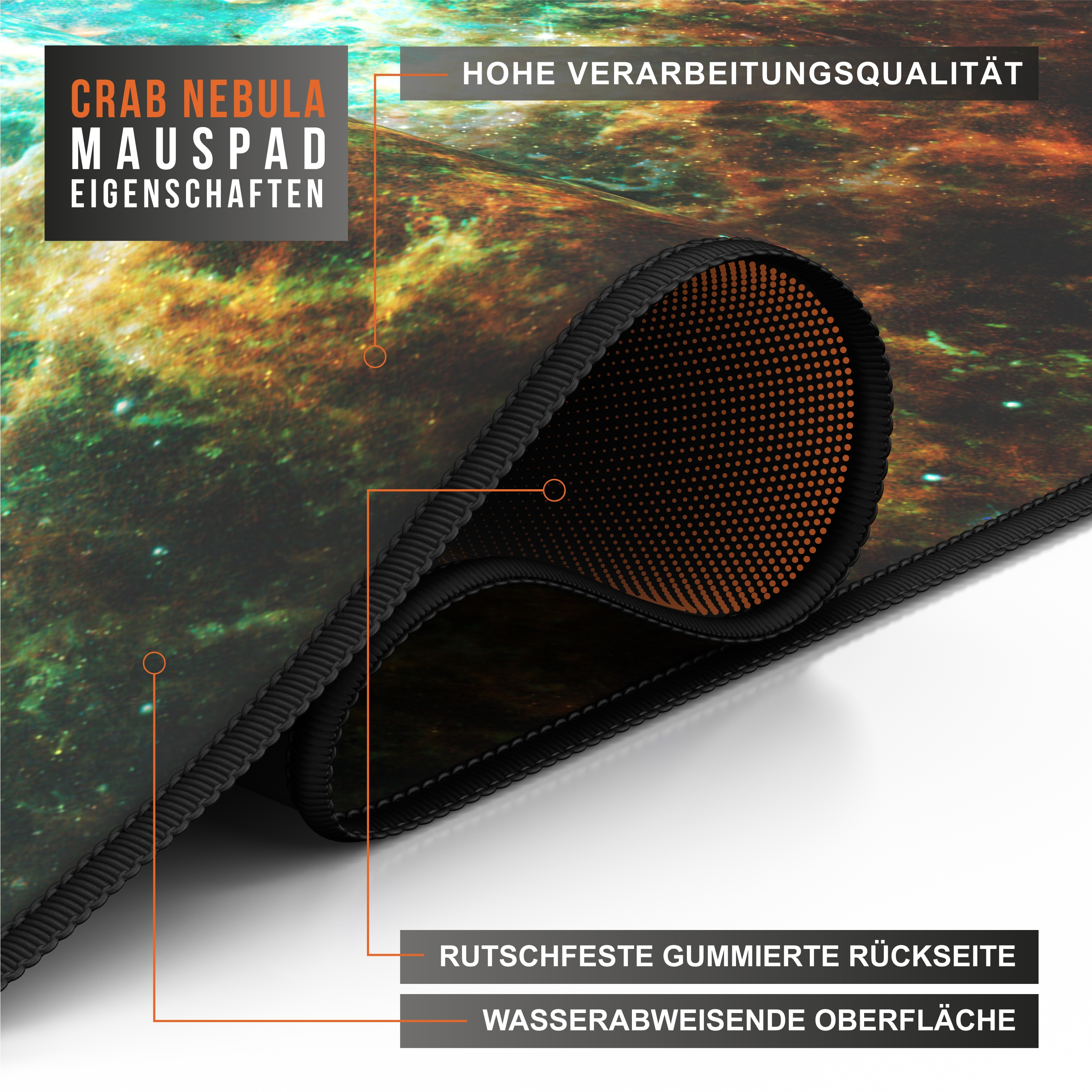 Ein Mauspad mit Nebeldesign. Zu den Merkmalen gehören eine rutschfeste Gummiunterseite und eine wasserabweisende Oberfläche.