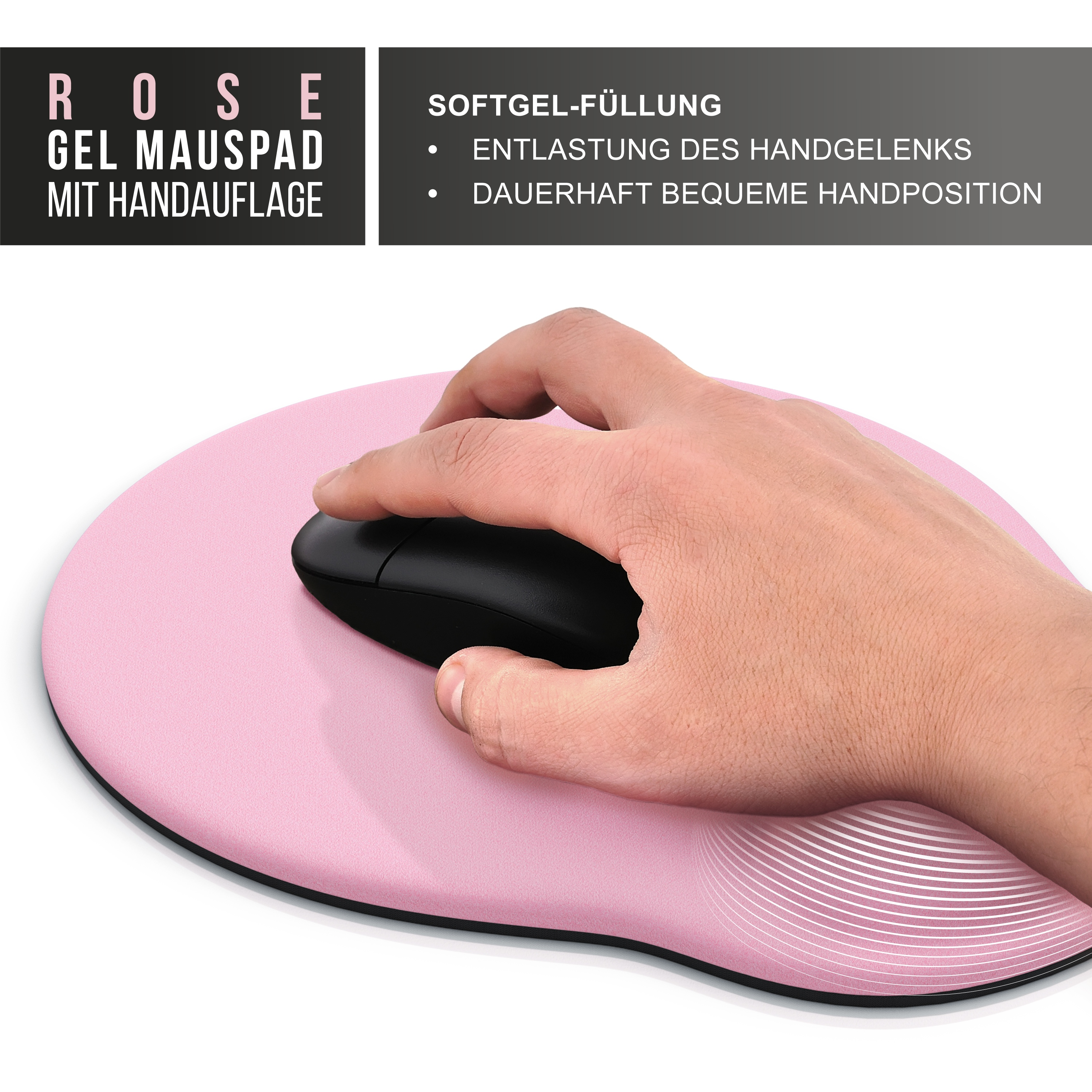 Eine Hand liegt auf einem rosa Gel-Mauspad mit einer schwarzen Maus. Text auf Deutsch sichtbar.