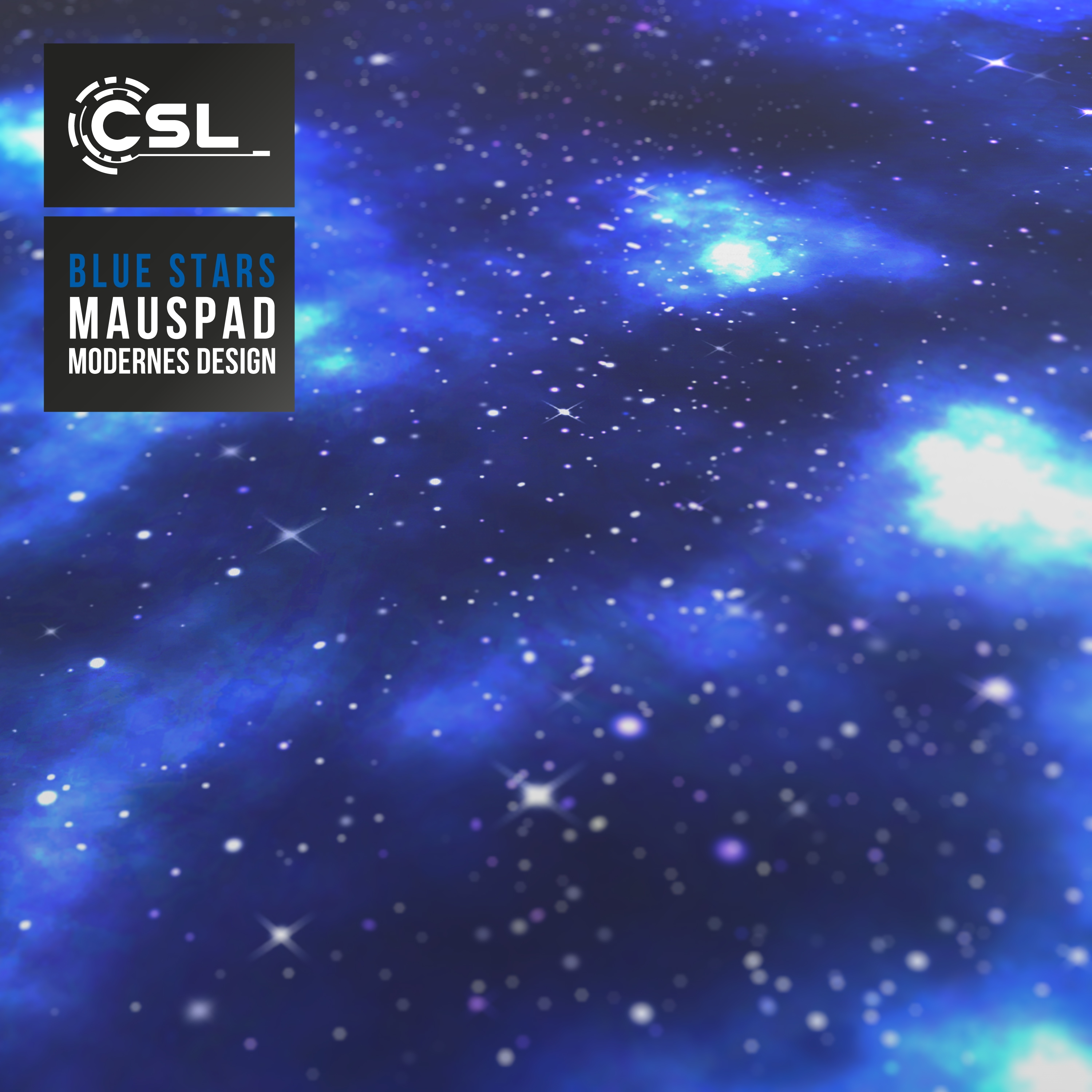 Ein blaues Mauspad mit Weltraumdesign und Logo. Es hat Sterne und Nebel. Text lautet 'Blue Stars Mauspad'.