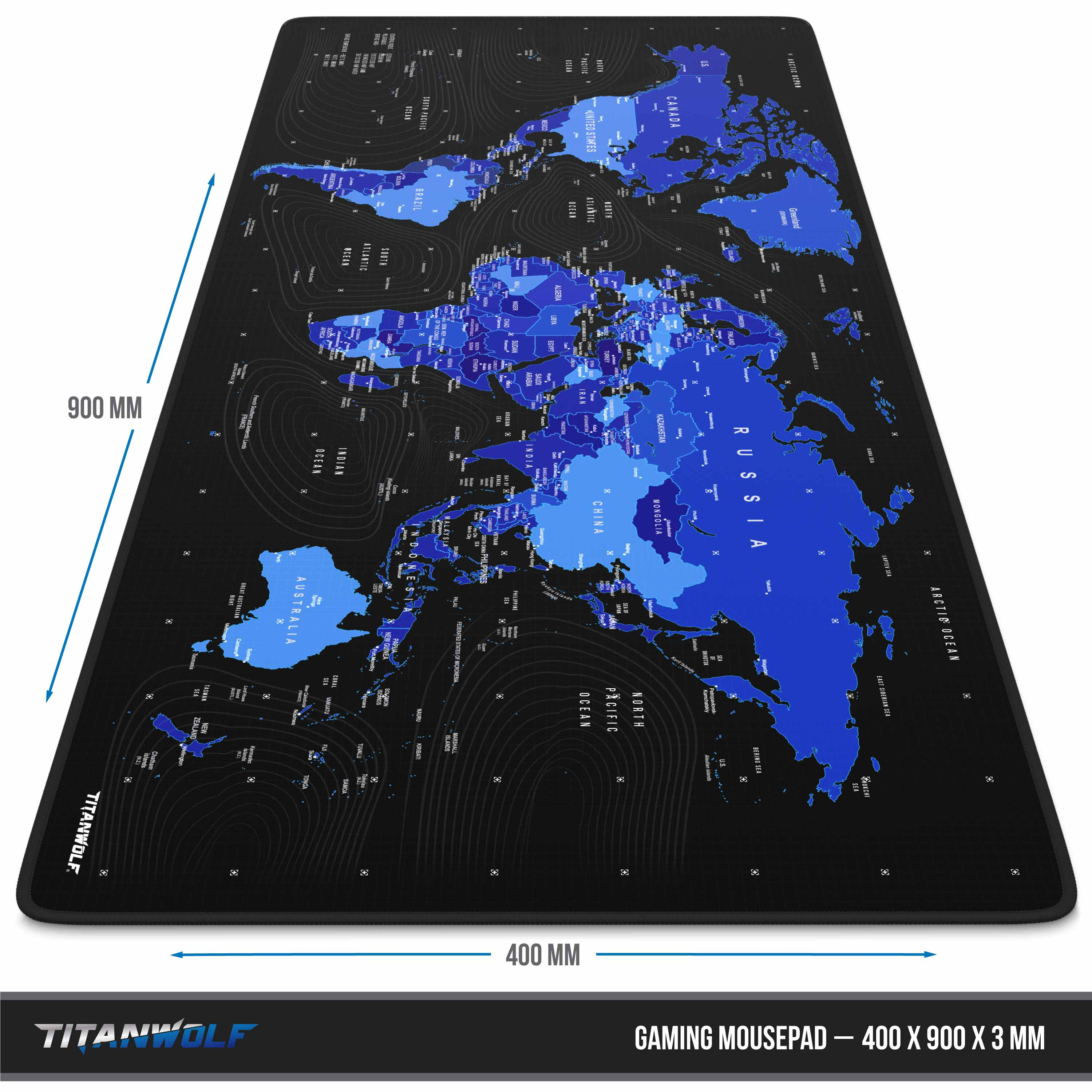 Schwarzes Gaming-Mauspad mit Weltkarte, blauen Ländern und weißem Text. Abmessungen 400x900x3mm.