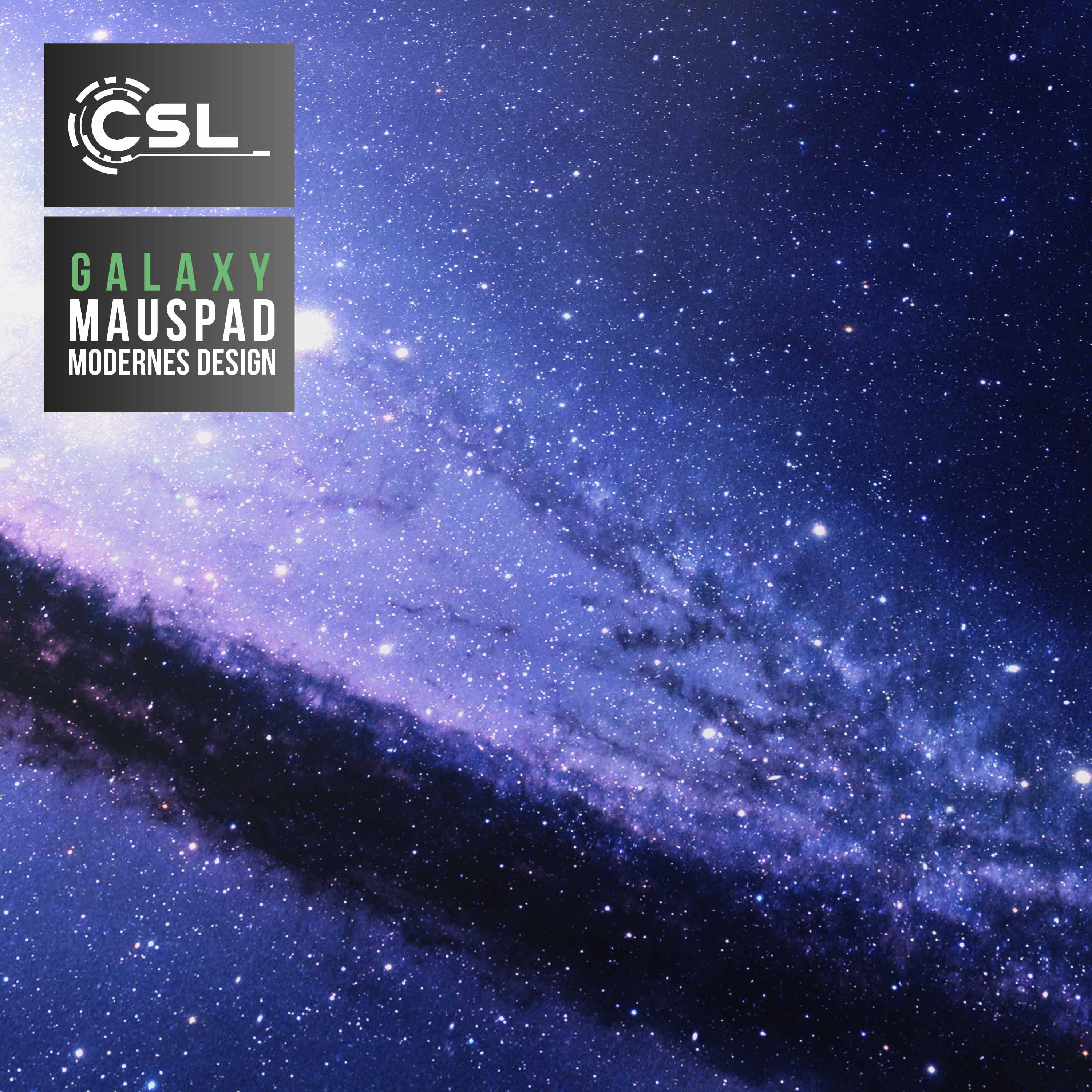Ein Galaxiedesign mit Sternen und einem Logo. Es hat ein blaues und violettes Farbschema. Das Mauspapier heißt Galaxy Mauspad.