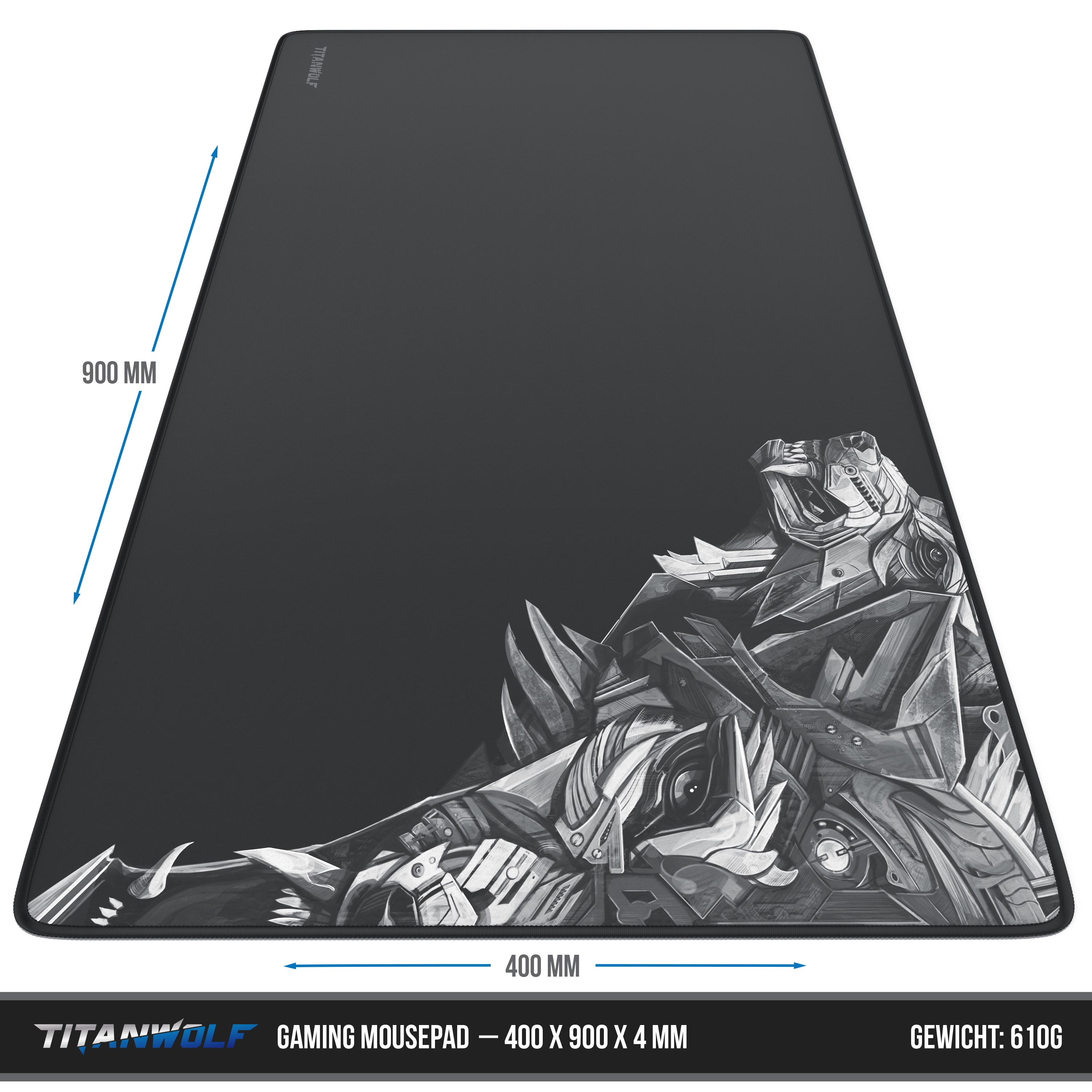 Schwarzes Gaming-Mauspad mit detaillierter Illustration eines mechanischen Wesens. Abmessungen sind 400x900x4mm.