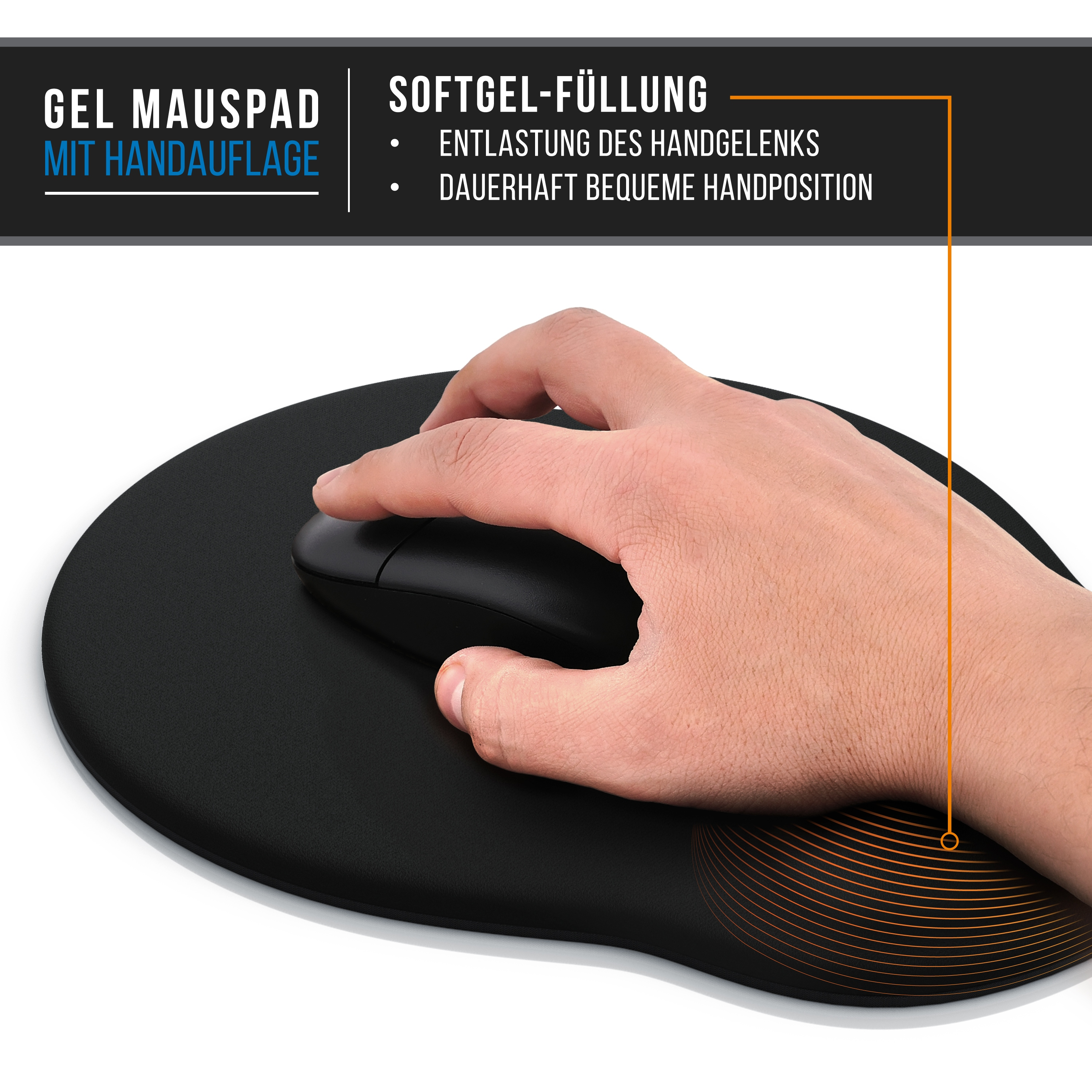 Eine Hand liegt auf einem schwarzen Gel-Mauspad mit Handballenauflage und hält eine schwarze Maus. Text oben.